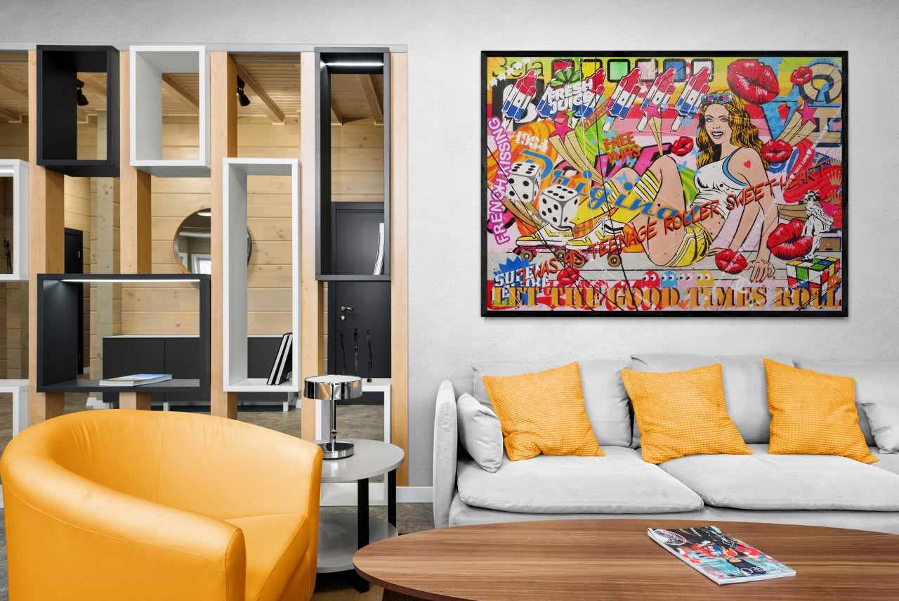 Vibrant Roller Skate Girl Textured Urban Pop Art Painting - 140cm x 100cm Wall Decor for Living Room, Bedroom & Skate Shop