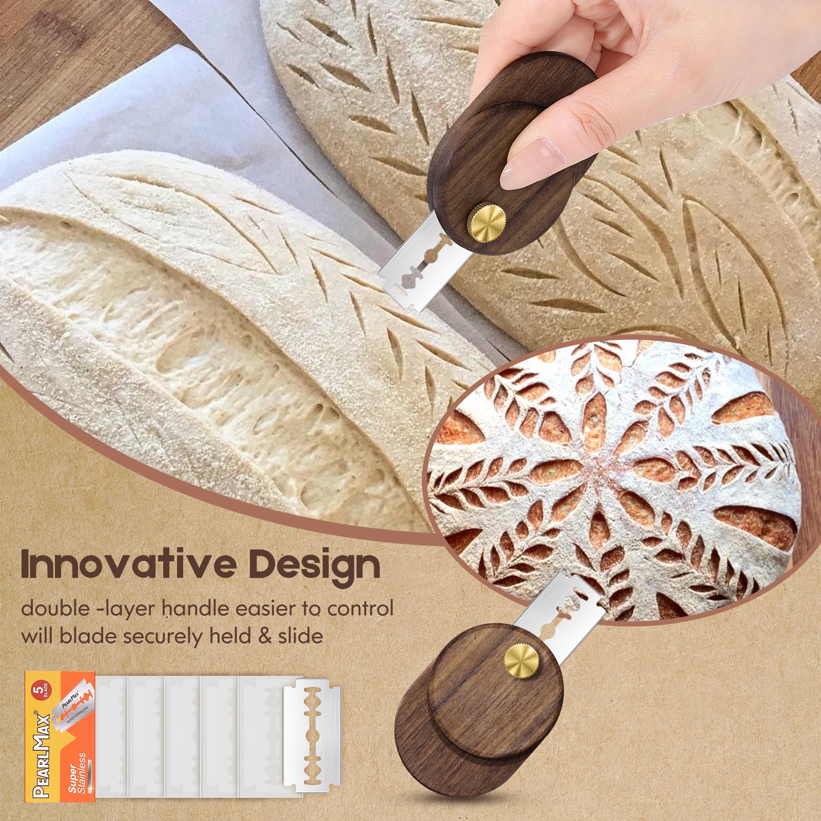 Premium Black Walnut Bread Lame - Professional Sourdough Scoring Tool with 5 Replaceable Razor Blades | Perfect for Artisan Bread Baking, Homemade Loaves & Baguette Shaping | Ideal for Bakers & Bread Making Enthusiasts
