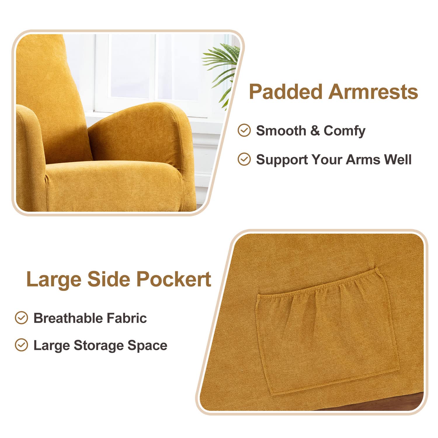 Modern Upholstered Glider Rocker Chair - Nursery Rocking Chair with Side Pocket, Comfortable Armchair for Living Room, Bedroom & Nursery (Yellow) - Perfect for Breastfeeding, Relaxing & Nursery Decor