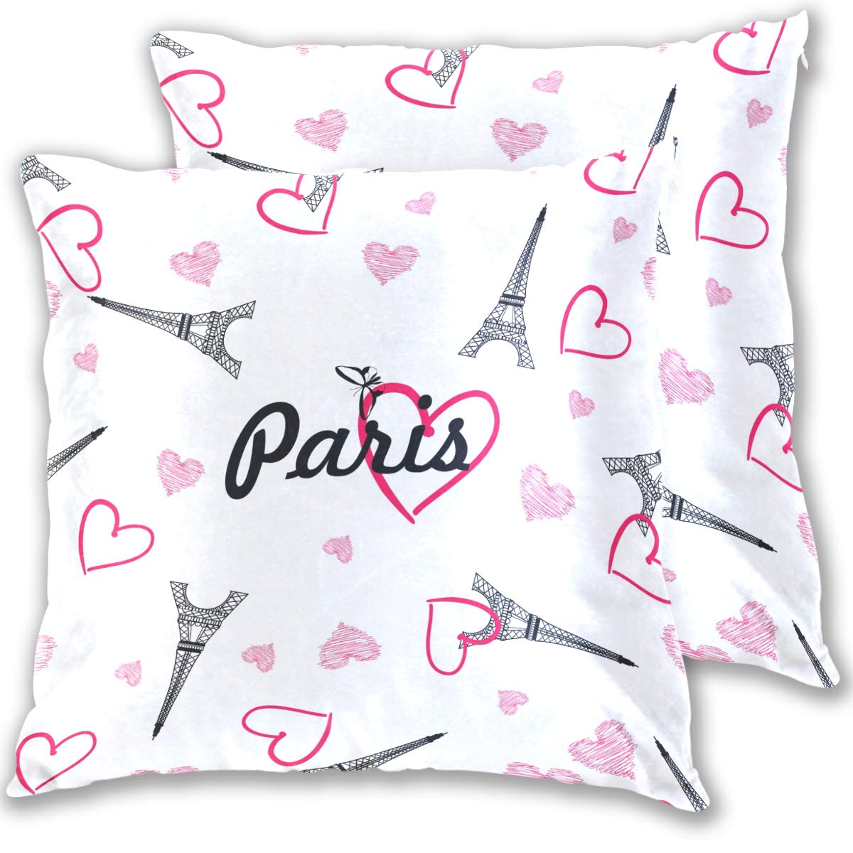 AGONA 2-Pack Velvet Throw Pillow Covers - Paris Eiffel Tower Pink Hearts Decorative Square Cushion Covers (16x16 Inches) for Sofa, Couch, Bedroom & Car - Soft & Luxurious Home Decor for Living Room, Dorm, Office & Travel