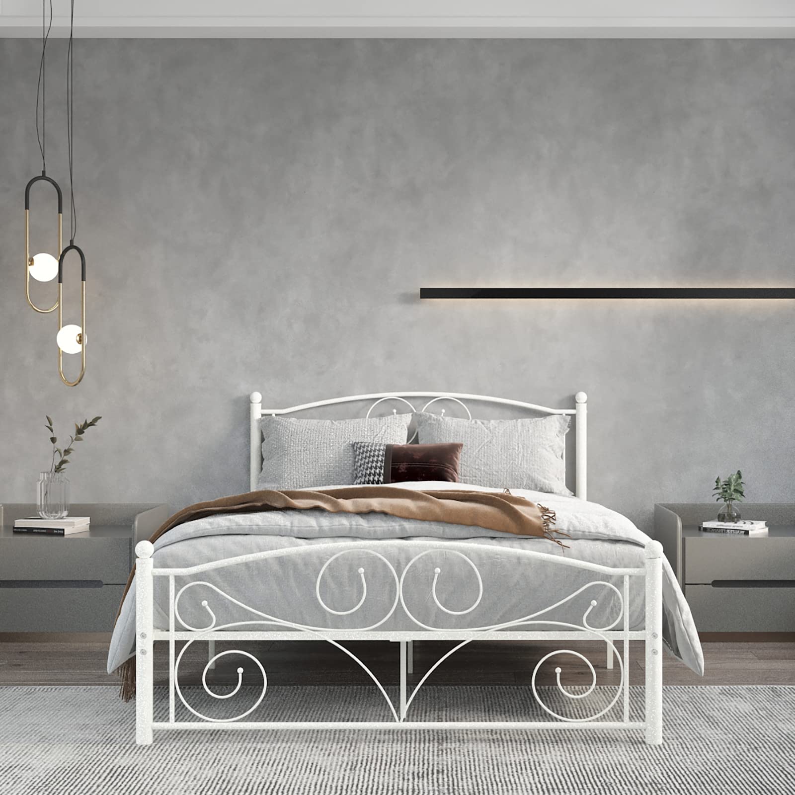 Queen Size White Metal Bed Frame with Headboard & Footboard - Sturdy Flower Design, Under Bed Storage, No Box Spring Needed - Easy Assembly for Bedroom, Guest Room, Dorm (Fits Standard Queen Mattress)