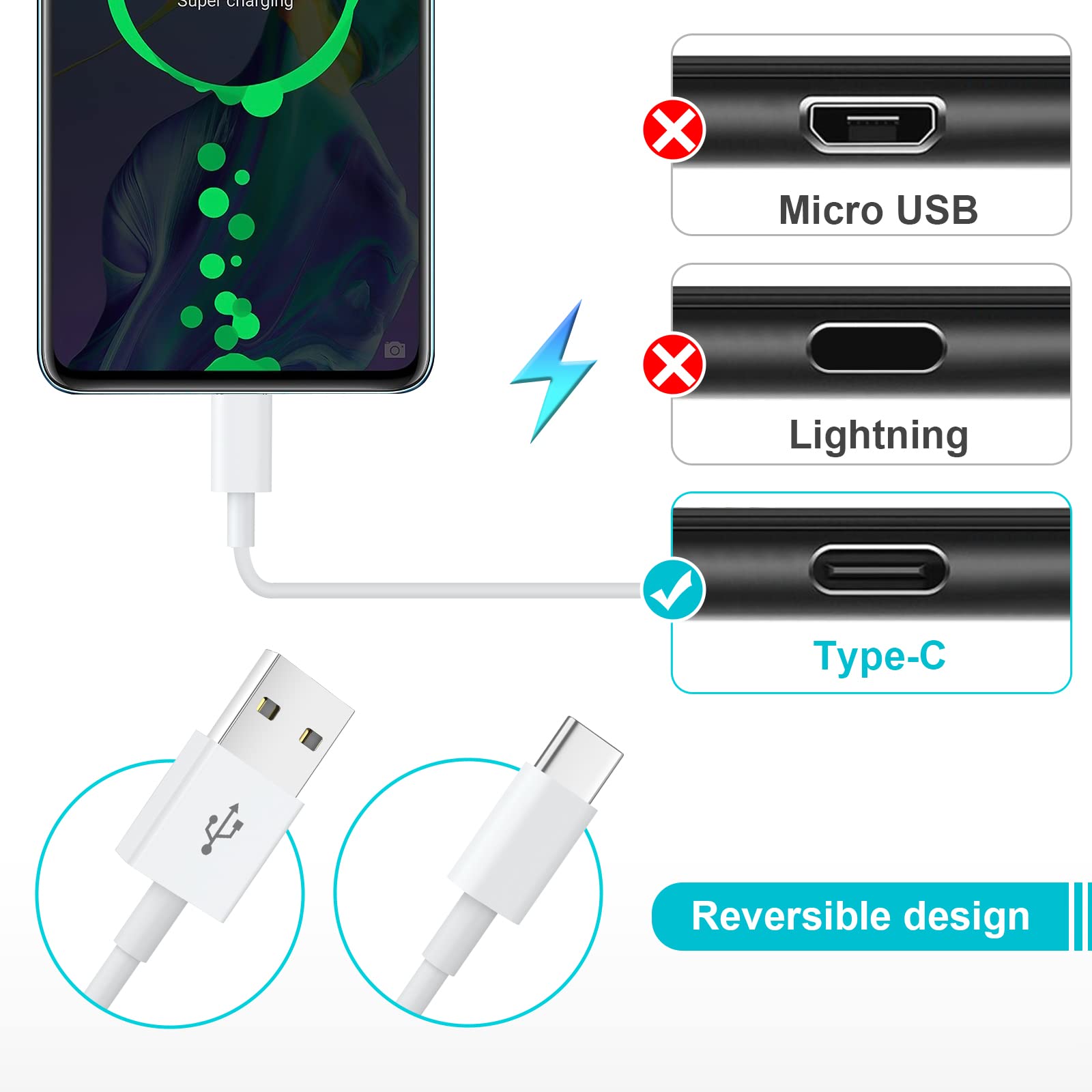 2-Pack USB C to USB A Fast Charging Cable 3FT/1M - Compatible with iPhone 16/15 Pro, Samsung Galaxy S24/S23/S22/S21, Note 10/9/8, Huawei, Google Pixel, Sony Xperia - Perfect for Home, Office & Travel Charging (White)