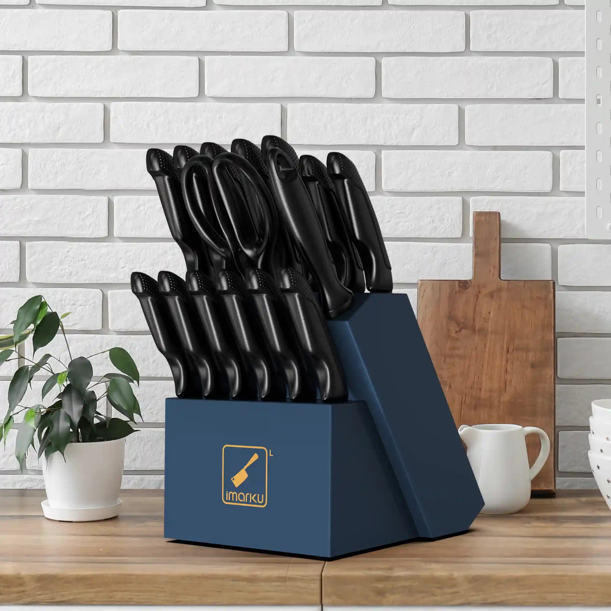 16-Piece Knife Block Set with Ergonomic Black Handle & Sharpening Rods - Premium Kitchen Knives for Professional Chefs & Home Cooking