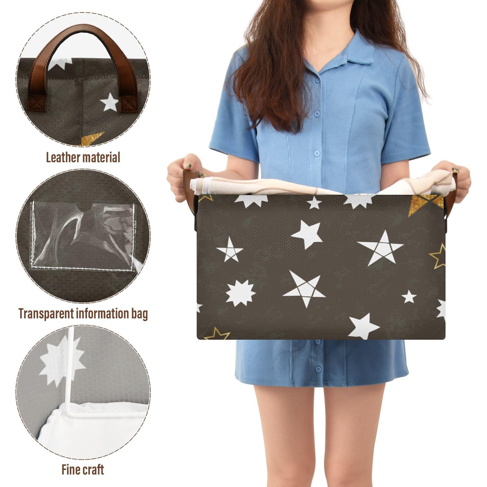 Minimalist Brown Star Fabric Collapsible Storage Baskets with Handles - 2 Pack Organizer for Books, Shelves & Closet | Perfect for Home, Office & Nursery Organization