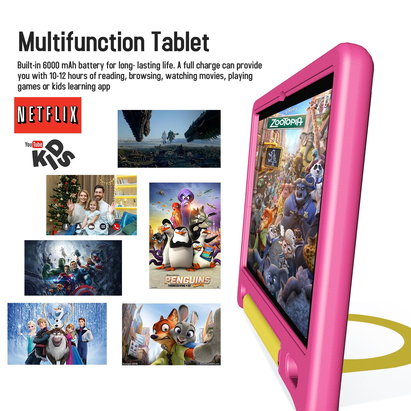 10 Inch Kids Tablet with Strap & Protective Case - Android 14 Octa-Core 64GB/1TB Expandable - Bluetooth WiFi Dual Camera 12-Hour Battery - Parental Control Toddler Learning Tablet for Home & Travel Use