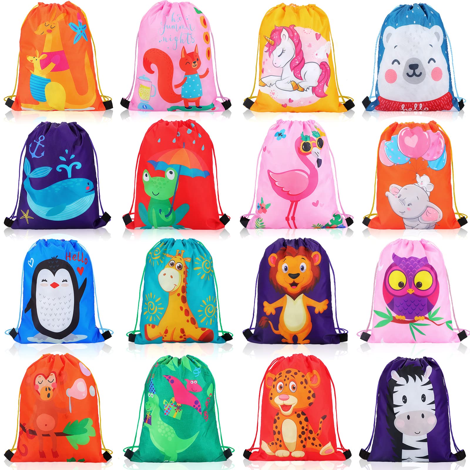 Shappy 16 Pack Cartoon Animal Drawstring Party Favor Bags - Colorful Candy Goodie Bags for Kids Birthday Parties, Baby Showers & School Events - Perfect for Boys Girls Gift Bags, Return Favors & Party Supplies