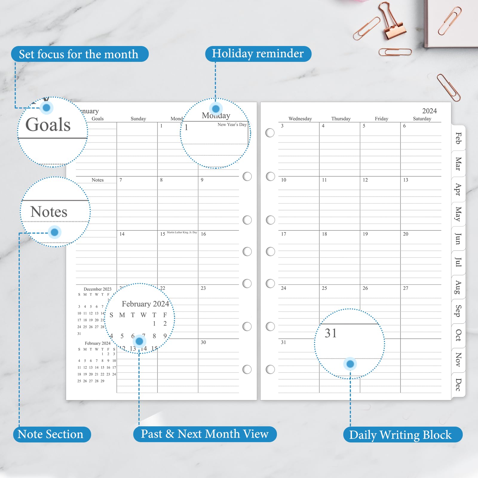 2024-2025 Monthly Planner Refill Inserts for 7 Ring Binders - January 2024 to June 2025 Calendar with Tabs - 5.5