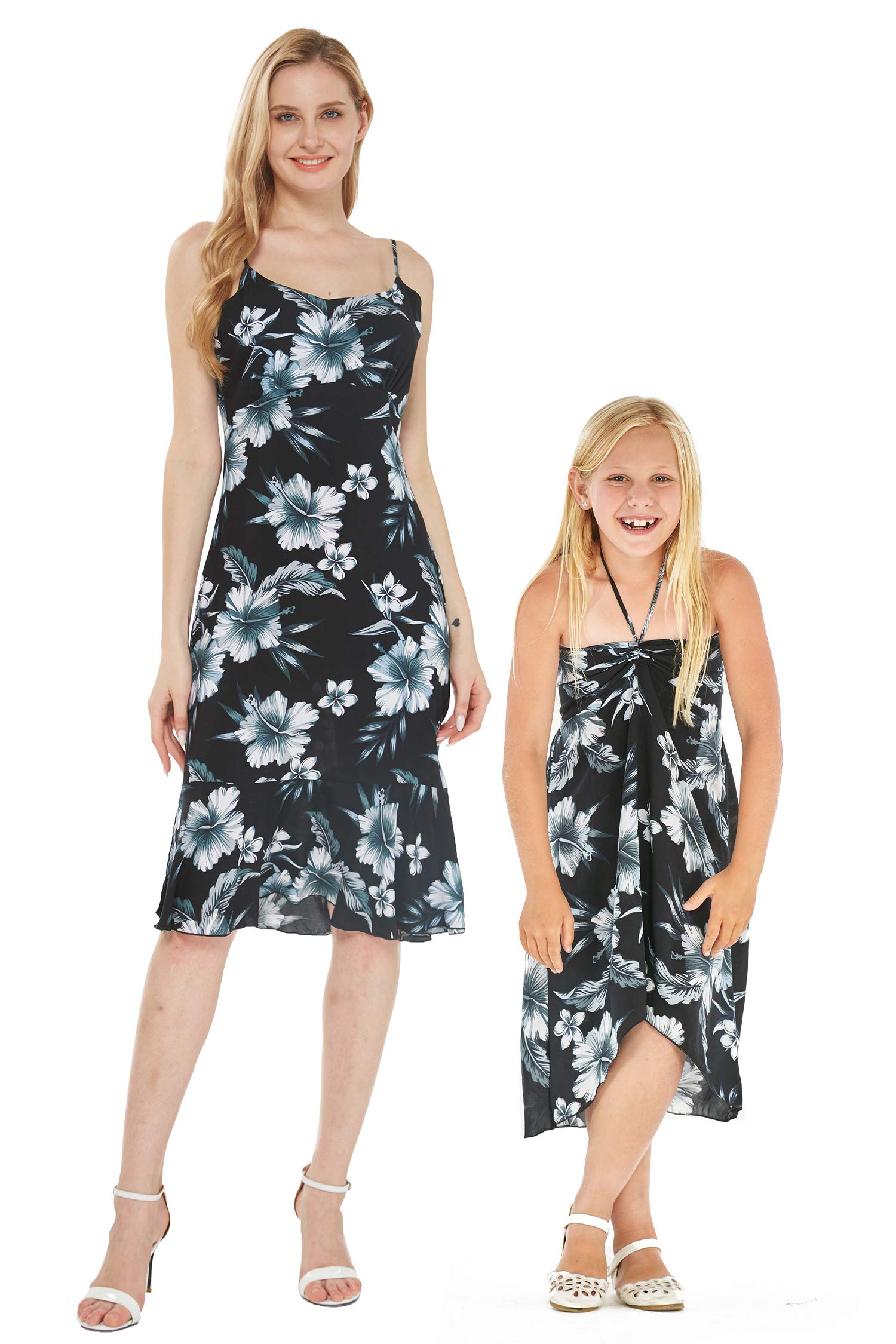 Matching Hawaiian Luau Mother Daughter Mermaid Dresses - Simply Blue Leaf Print Beach Outfits for Family Vacation, Photo Shoot & Tropical Party