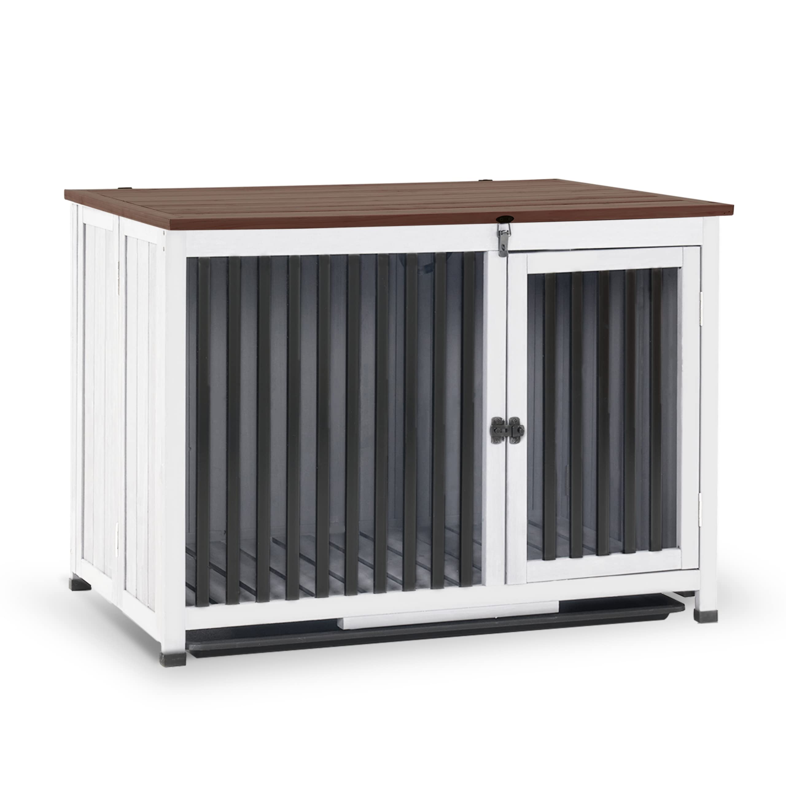 MCombo Solid Wood Dog Crate Furniture - Foldable Portable Indoor Dog Kennel End Table with Removable Tray (Large, White & Brown) - Perfect for Living Room, Bedroom & Pet-Friendly Home Decor