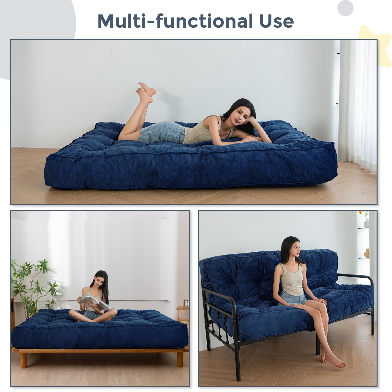 MAXYOYO 8-Inch Thick Velvet Tufted Futon Mattress for Sofa Bed - Navy Blue Comfortable Foldable Couch Bed Replacement for Adults (Mattress Only) - Perfect for Small Spaces, Guest Rooms & Dorm Rooms