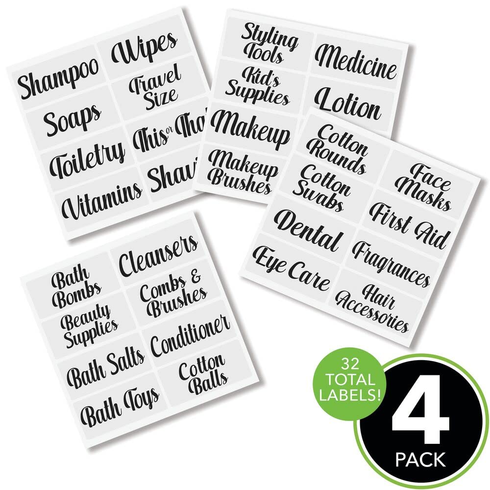 mDesign Home Organization Labels - 32 Preprinted Clear/Black Label Stickers for Bathroom Storage, Cleaning & Household Organizing - Perfect for Jars, Canisters, Containers, Bins & Boxes - Ideal for Pantry, Kitchen, Office & Laundry Room Organization
