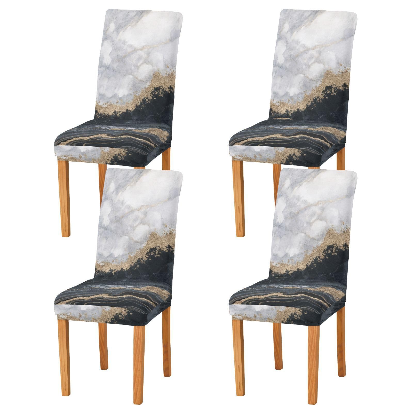 Universal Dining Chair Covers 4-Piece Set - Black White Gold Marble Pattern Washable Slipcovers for Kitchen, Dining Room & Party Decor - Protective Seat Covers for Home, Restaurant & Event Use