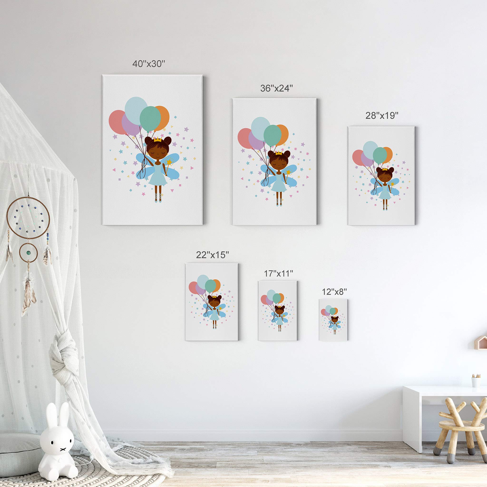 Cute African American Fairy Girl with Balloons Canvas Print - 40x30 Inch Wall Art for Kids Room, Nursery & Baby Room Decor - Ready to Hang, Made in USA | Perfect for Birthday Gifts & Children's Bedroom Decoration