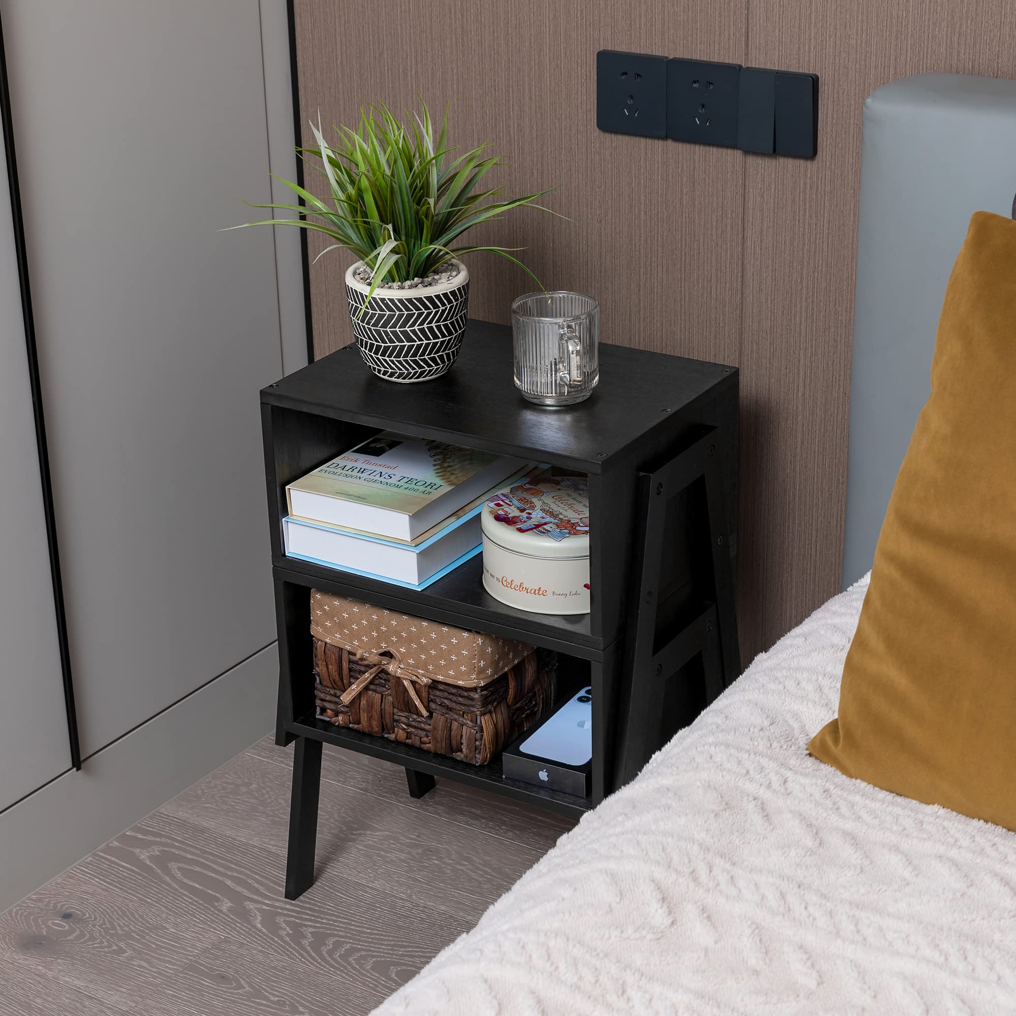 Forevich Stackable Bamboo End Tables - Set of 2 Black Nightstands for Bedroom, Living Room | Space-Saving Side Tables for Small Apartments, Dorm Rooms & Home Office