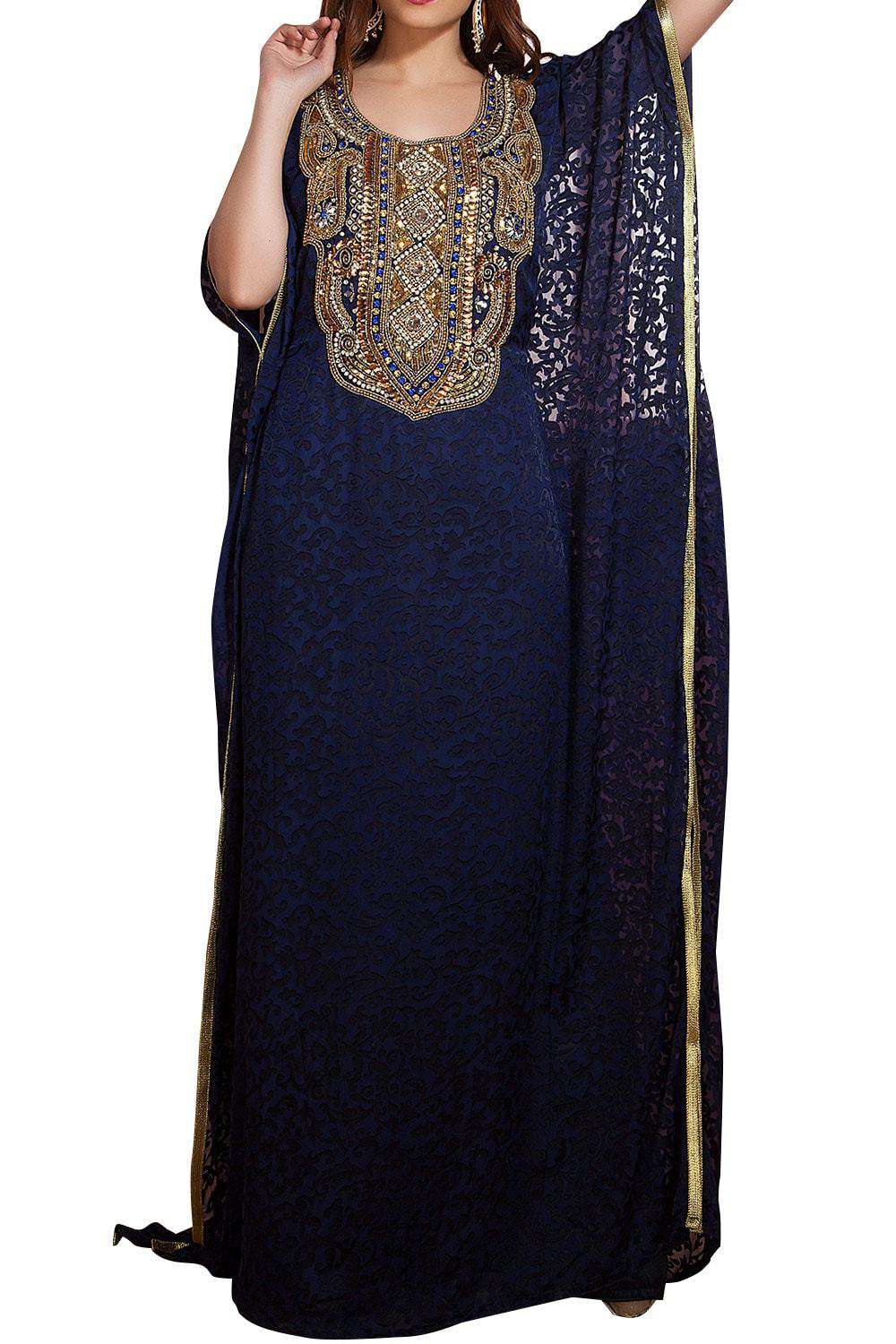 Elegant Dark Blue Modern Hand-Beaded Jalabiya Dress for Women - Perfect for Eid, Weddings & Special Occasions