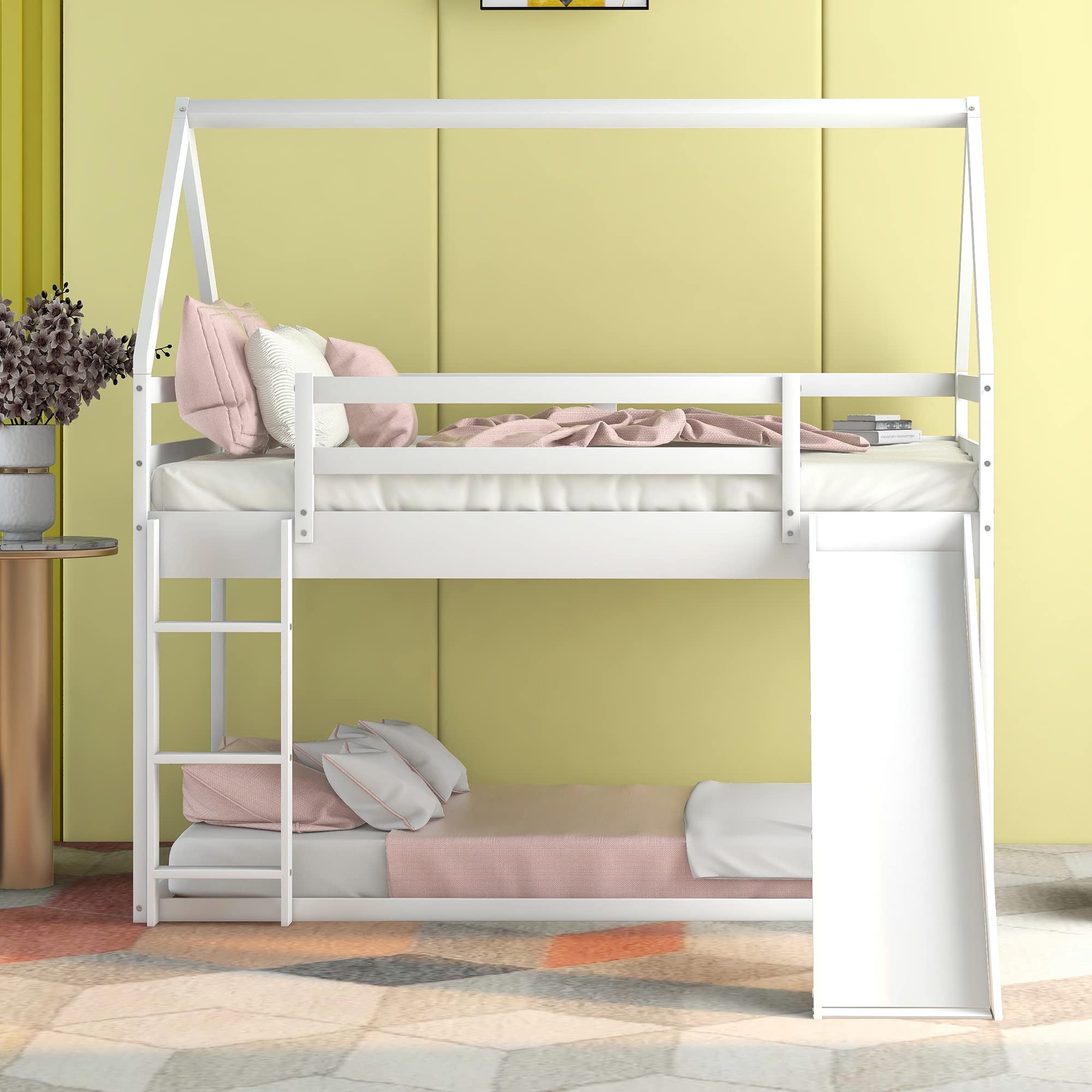 White Twin Over Twin Wooden Bunk Bed with Slide - Kids & Teens House Bunk Bed Frame - Safe Floor Toddler Bunk Bed for Boys & Girls - Perfect for Bedrooms, Playrooms & Small Spaces