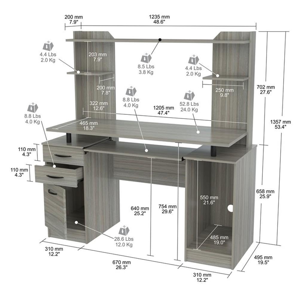 Modern Wooden Computer Desk with Hutch - Smoke Oak Finish for Home Office, Study & Workspace | Pemberly Row Contemporary Work Center