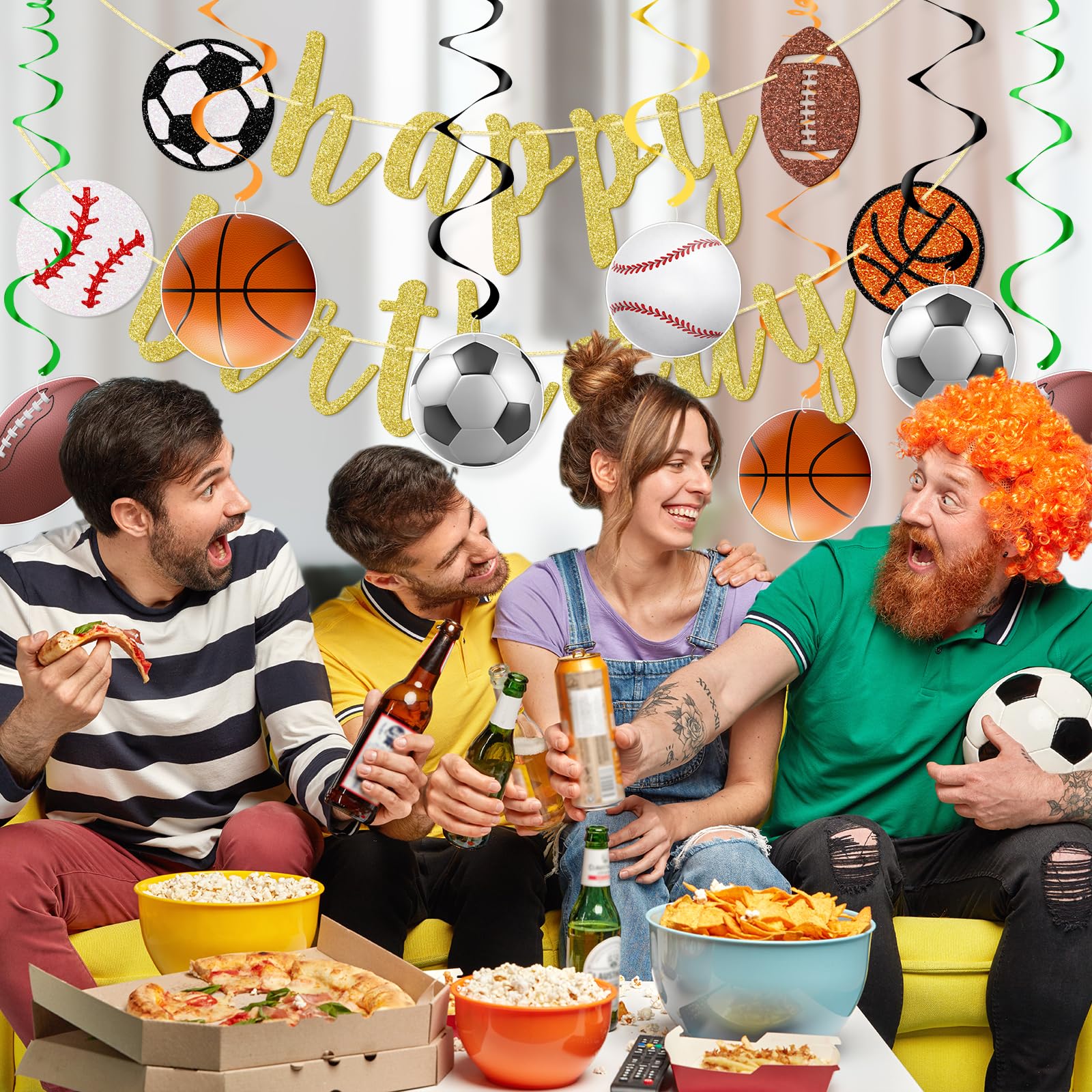 Sports Birthday Party Decorations Set - 10pcs Glitter Sports Banner, Hanging Swirls for Football, Baseball, Soccer & Basketball Theme - Gold | Perfect for Kids' Sports-Themed Birthday Parties & Team Celebrations