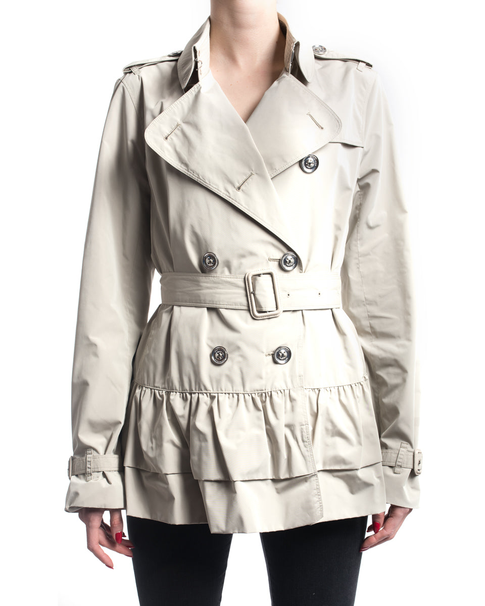 Burberry London Beige Short Ruffle Belted Trench Coat Jacket for Women - Classic Waterproof Outerwear for Fall & Winter | Perfect for Office, Dating & Travel