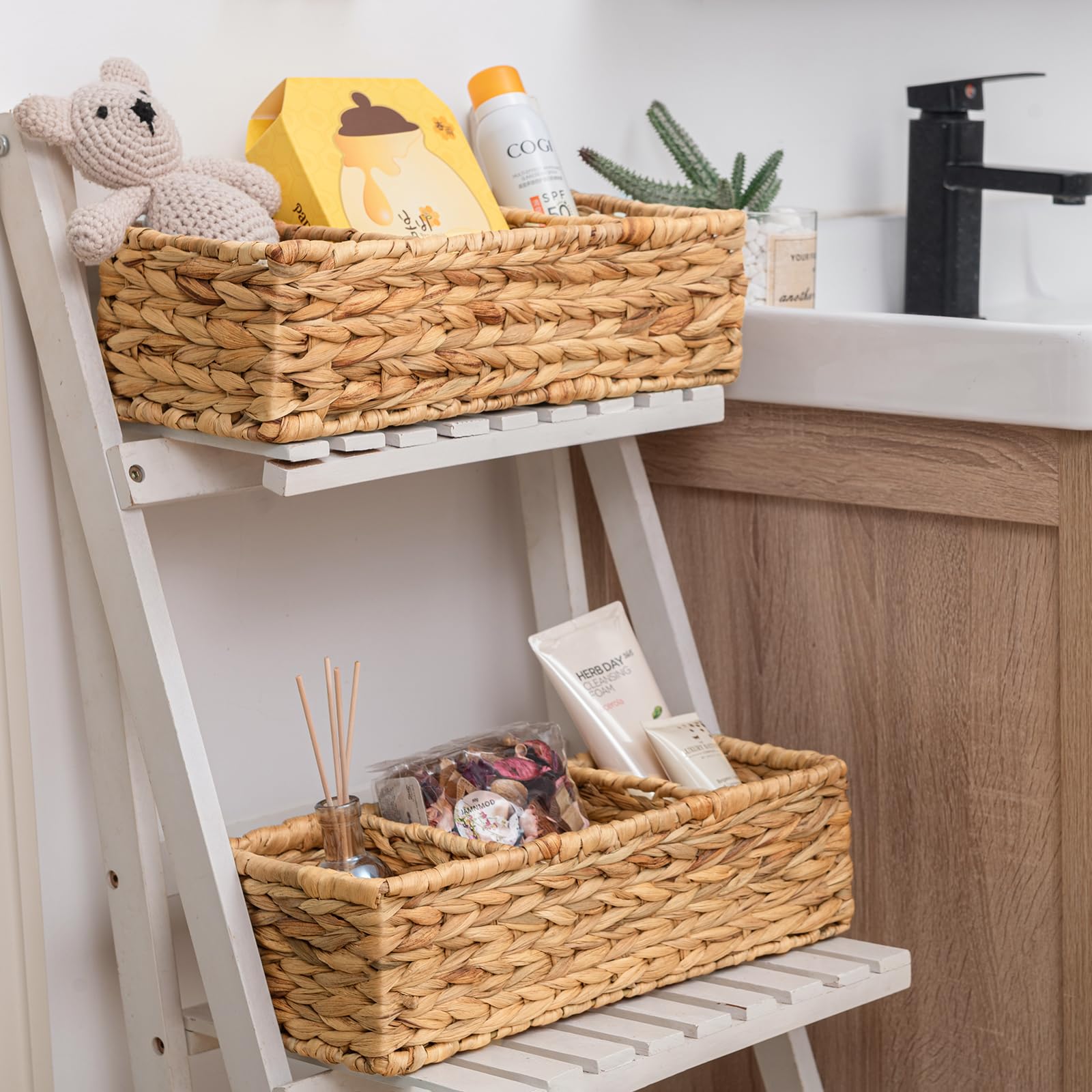 Water Hyacinth Storage Baskets - 2 Pack Woven Toilet Paper Holder & Bathroom Organizer with 3 Sections - Natural Wicker Tank Topper Basket for Bathroom, Bedroom, or Kitchen Storage