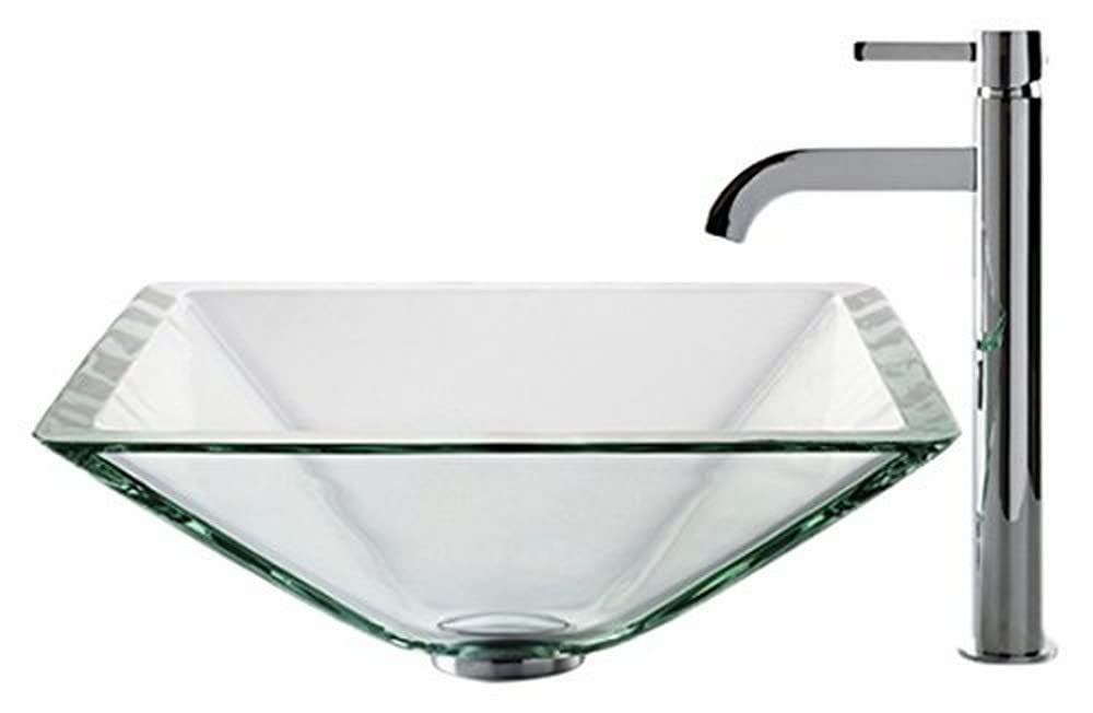 Kraus 19mm Clear Aquamarine Glass Vessel Sink with Chrome Ramus Faucet - Modern Bathroom Vanity Sink for Contemporary Home Decor