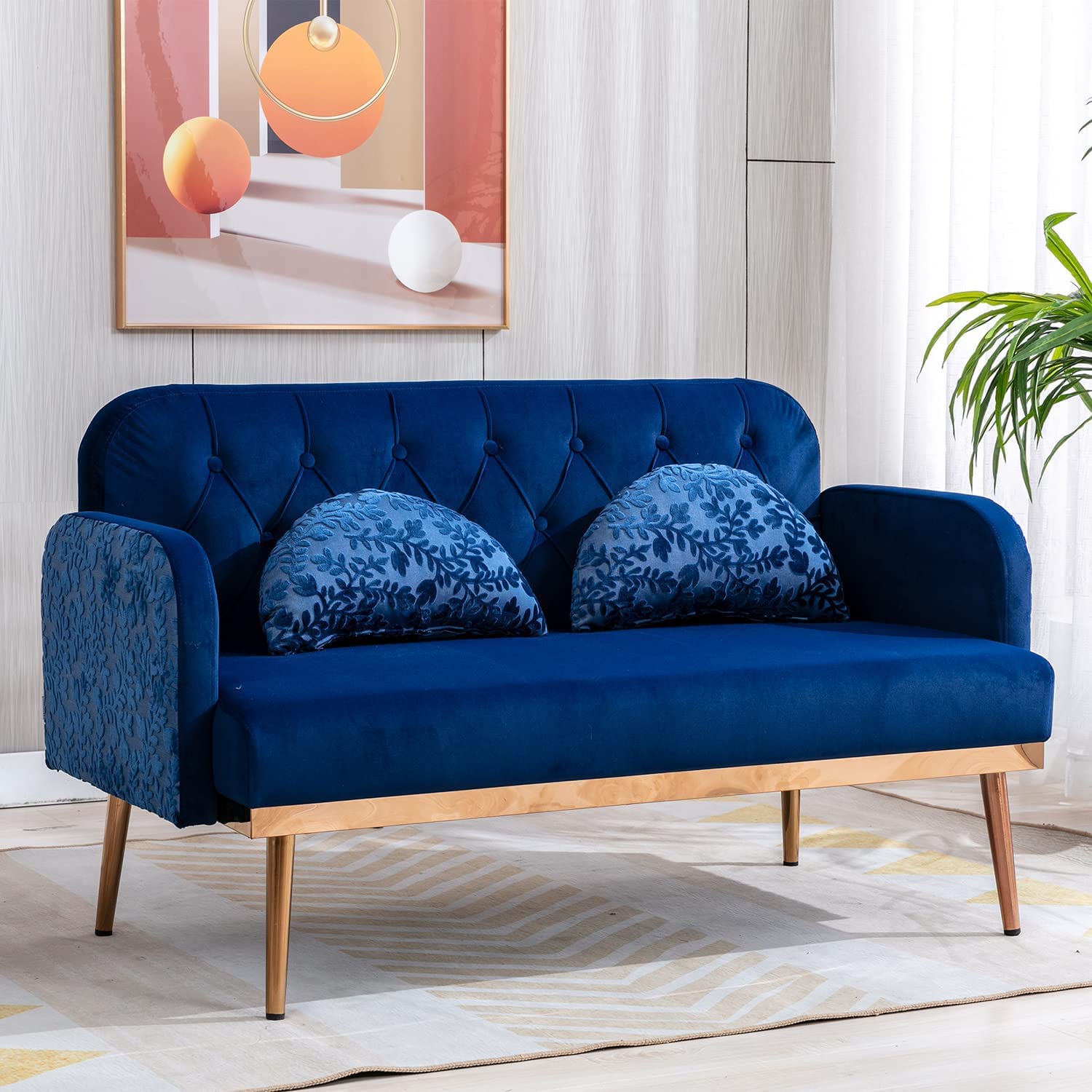 55-Inch Small Velvet Loveseat Sofa with Golden Metal Legs & Tufted Backrest - Modern Twin Size Accent Couch with 2 Elegant Moon Shape Pillows - Navy Blue Velvet Sofa for Living Room, Bedroom or Office Lounge
