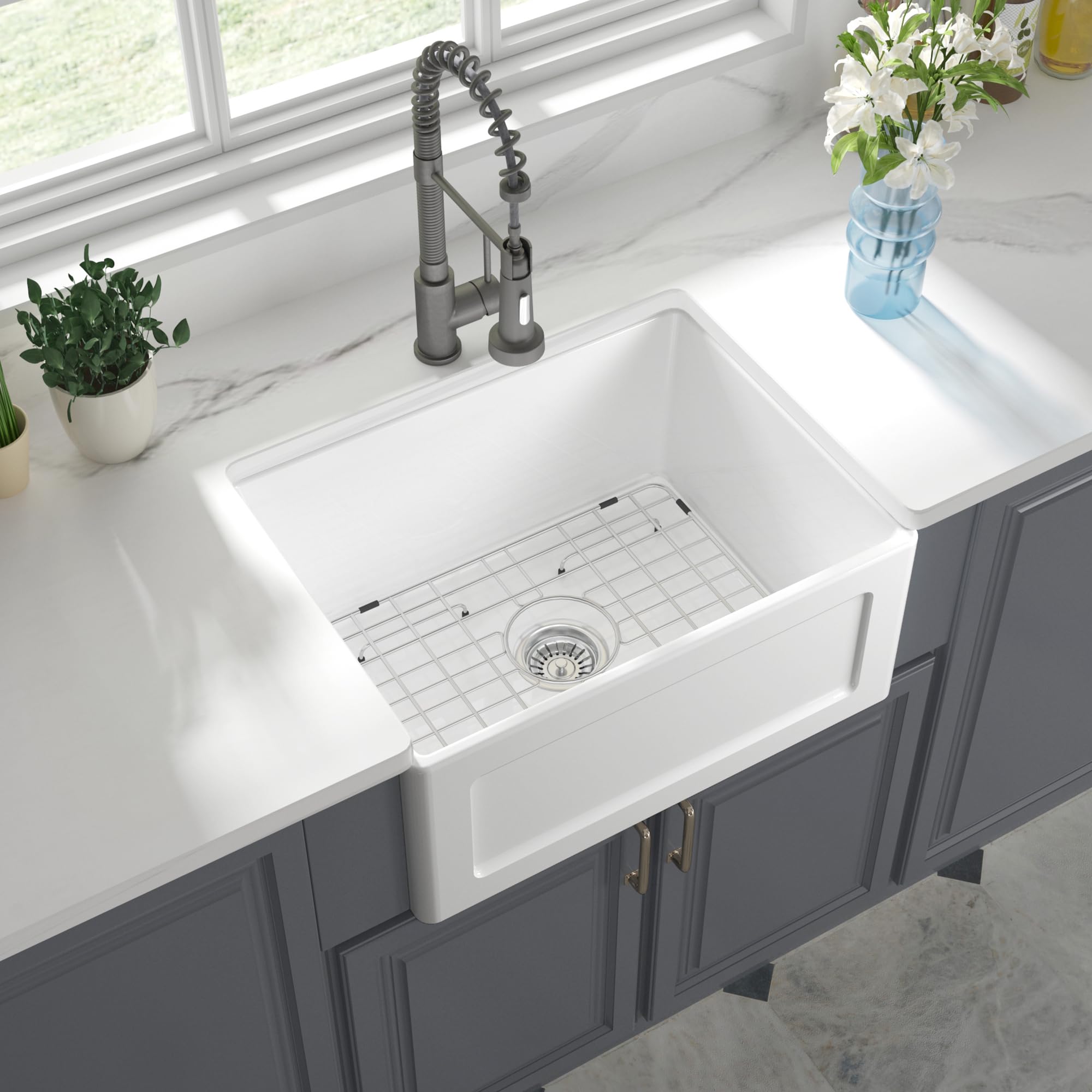 24 Inch White Ceramic Kitchen Sink - Single Bowl Reversible Design with Bottom Grid & Basket Strainer | Durable HERCATE Sink for Modern Farmhouse, RV & Small Kitchen Remodeling