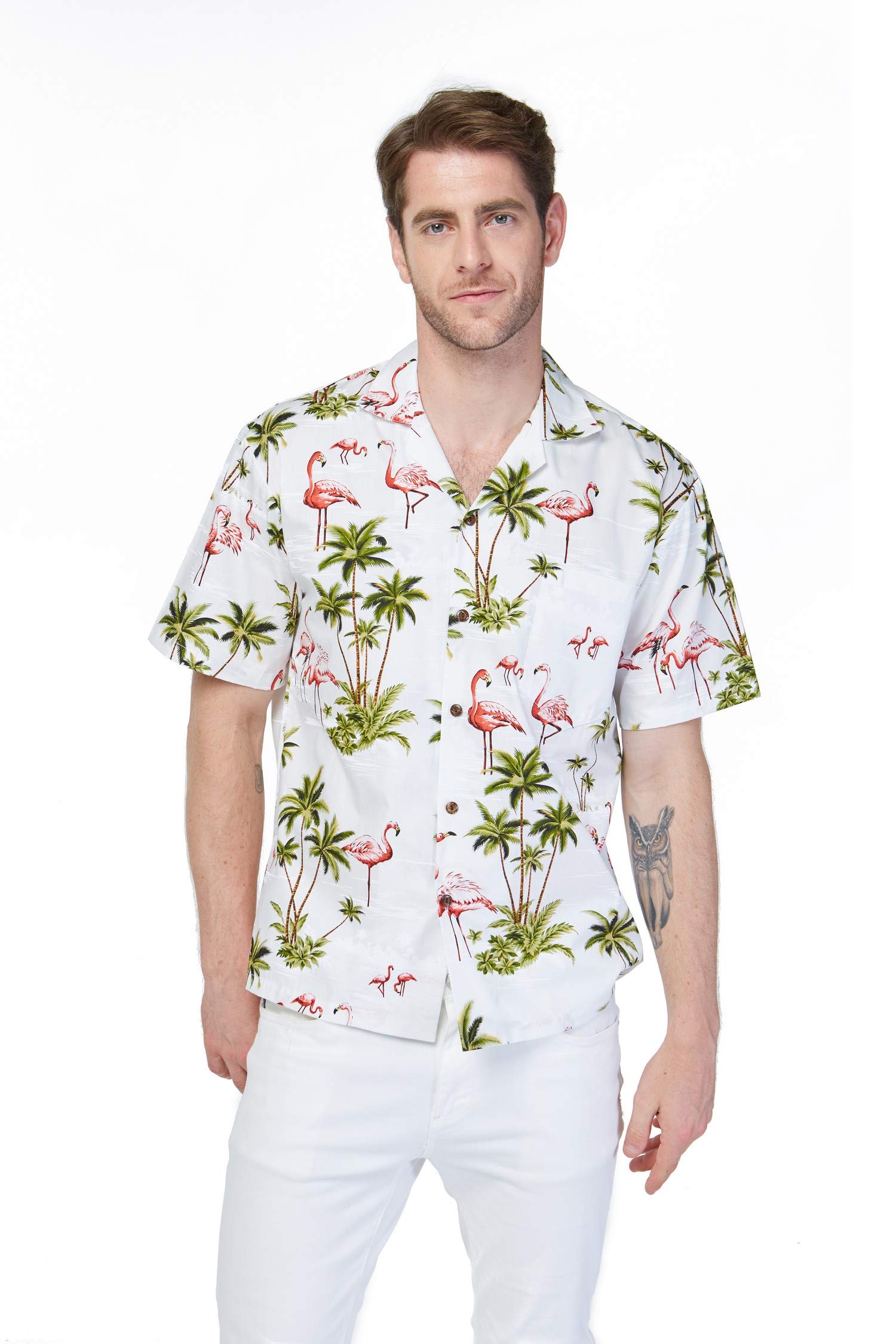 Hawaii Couple Matching Luau Aloha Shirt & Tank Dress Set - Pink Flamingo Print on Turquoise Fabric | Beach Vacation, Summer Party, Hawaiian Theme Outfits