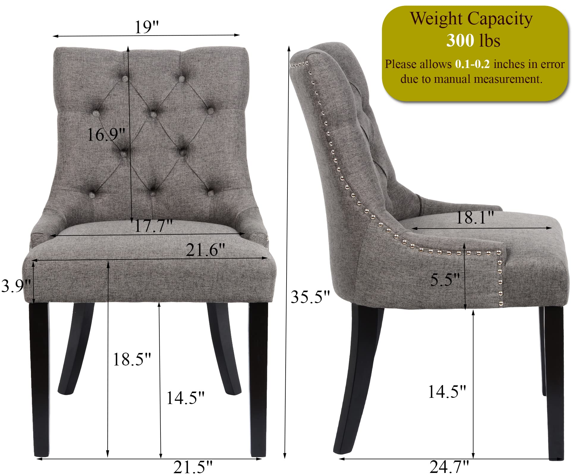 Modern Dark Grey Upholstered Dining Chairs Set of 2 - Tufted Fabric Kitchen Chairs with Black Wood Legs for Dining Room & Living Room Accent - Perfect for Home Decor, Family Gatherings and Dinner Parties