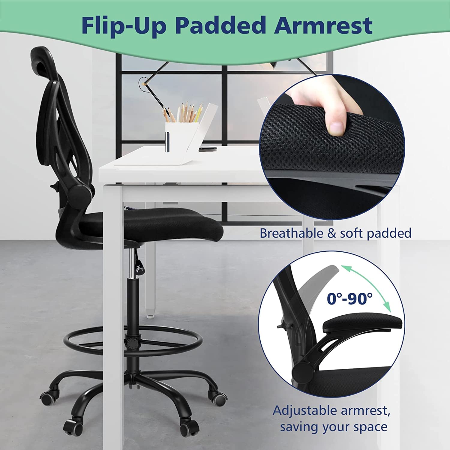 Ergonomic Drafting Chair with Foot Ring & Flip-Up Arms - Adjustable Height Mesh Office Chair for Standing Desks - Comfortable Computer Task Chair for Home & Office Use - Perfect for Architects, Designers & Long Work Sessions - Black