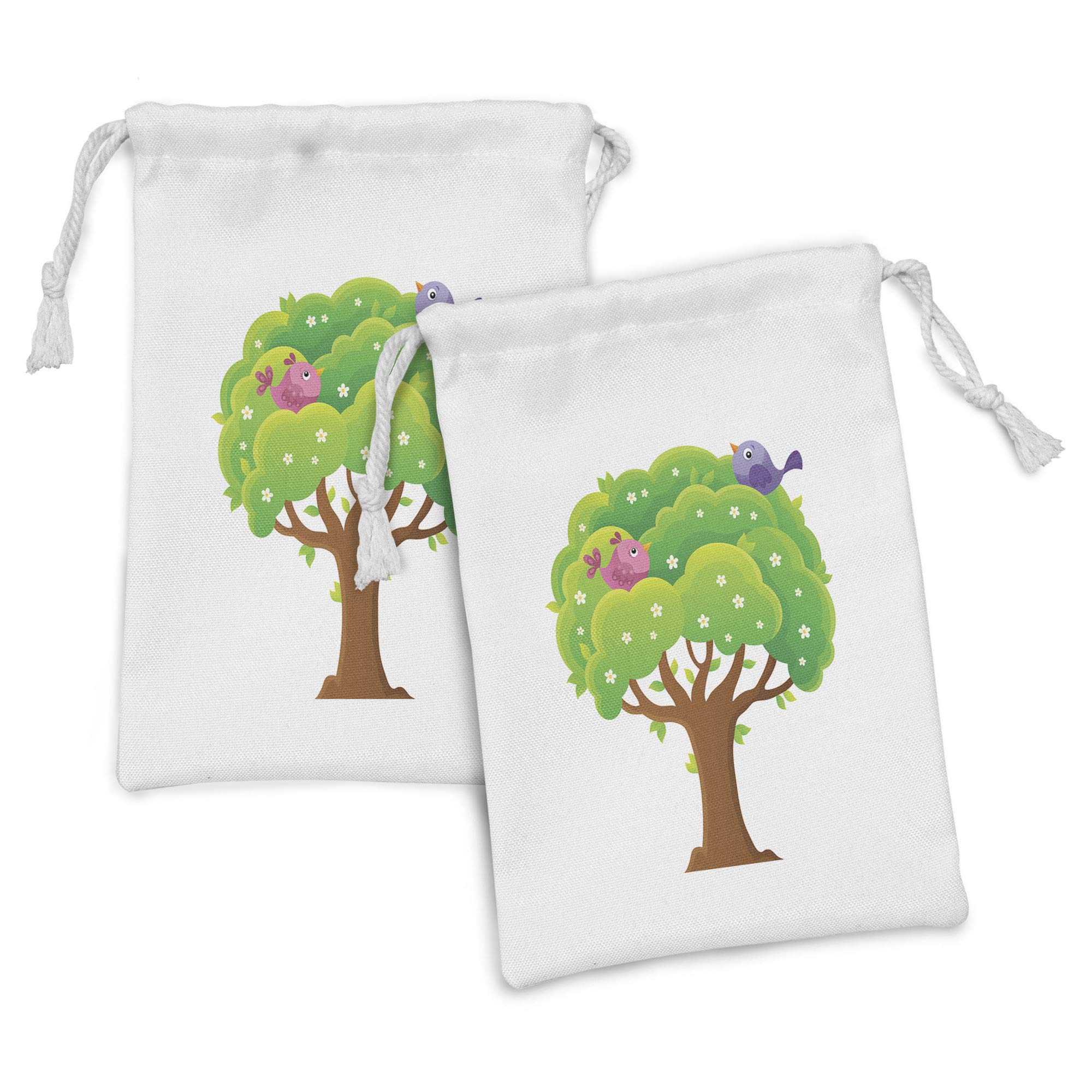 Ambesonne 2-Pack Fabric Drawstring Pouch Set - Cute Cartoon Birds on Spring Leaves Design, Small Multicolor Storage Bags (9