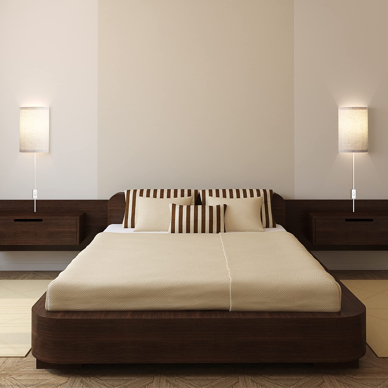 AVV Plug-in Wall Sconces Set of 2 - Dimmable LED Wall Lights for Bedroom & Living Room Decor - Fabric Linen Shades