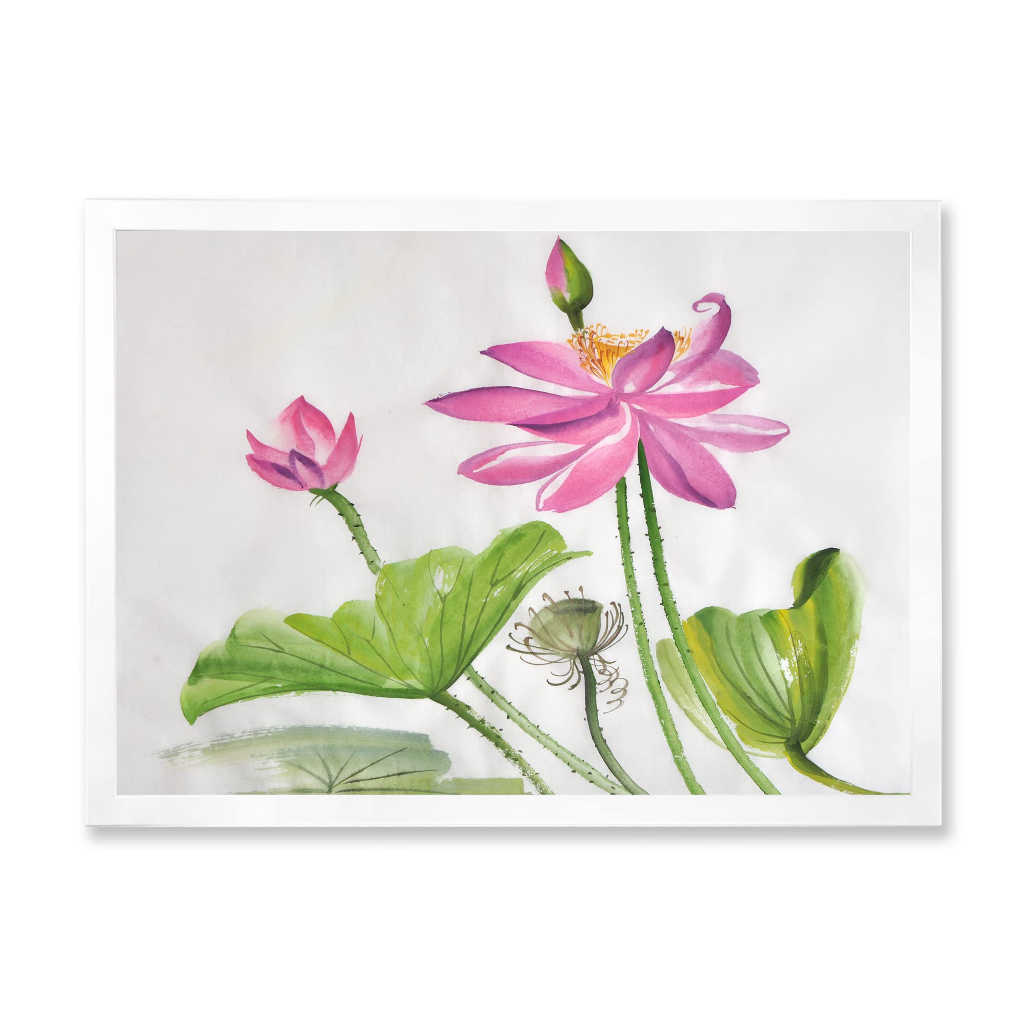 DesignQ Traditional Framed Wall Art - Two Pink Lotus Flowers Painting, Asian Home Decor for Living Room, Bedroom & Office