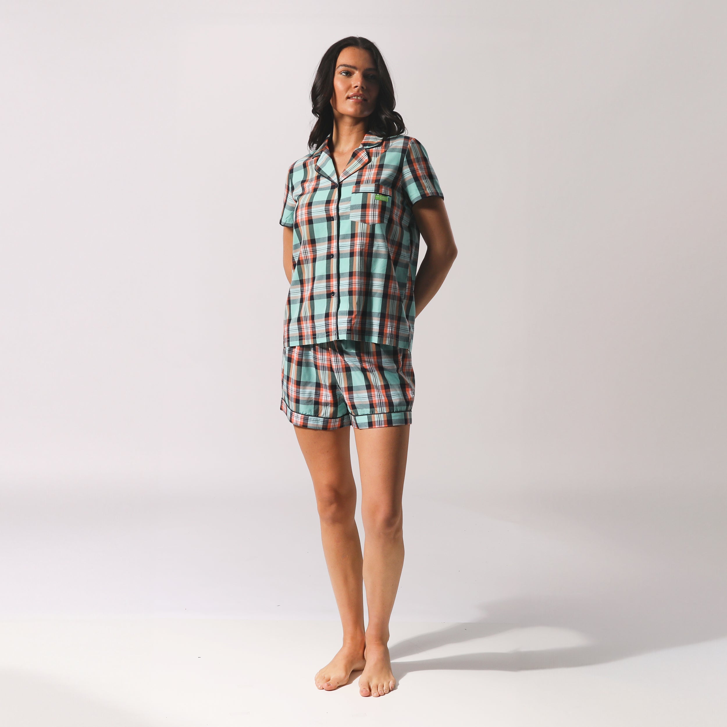 Women's Sky Blue Beachy Check Woven Shortie Pajama Set - Soft & Comfortable Sleepwear for Summer Nights, Lounging & Vacation