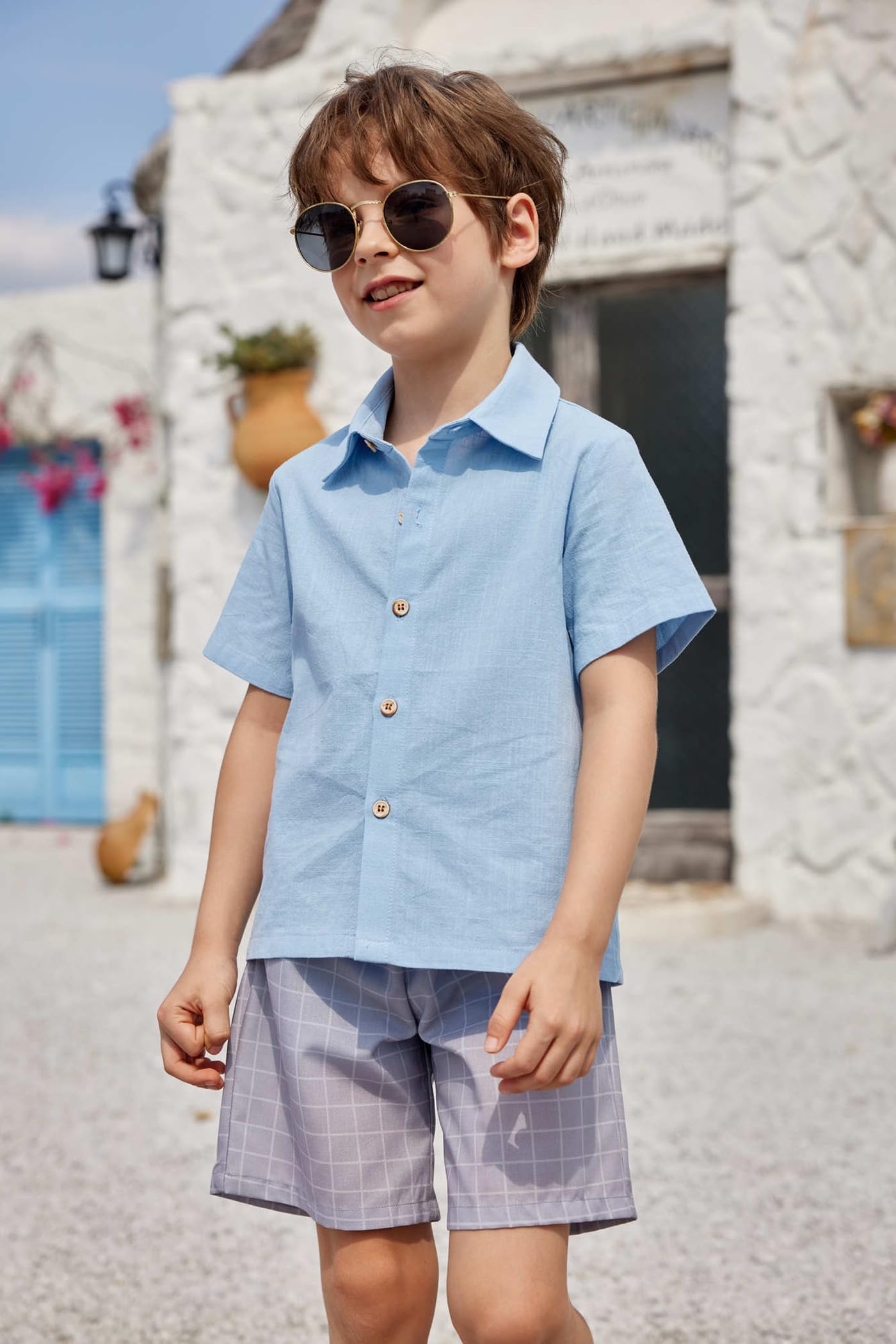 Arshiner Boys Cotton Linen Shorts Set - Button Down Shirt & Shorts with Bucket Hat | Summer Beach Hawaiian Outfit for Kids | Size 6-16 | Perfect for Vacation, Pool Party & Outdoor Adventures