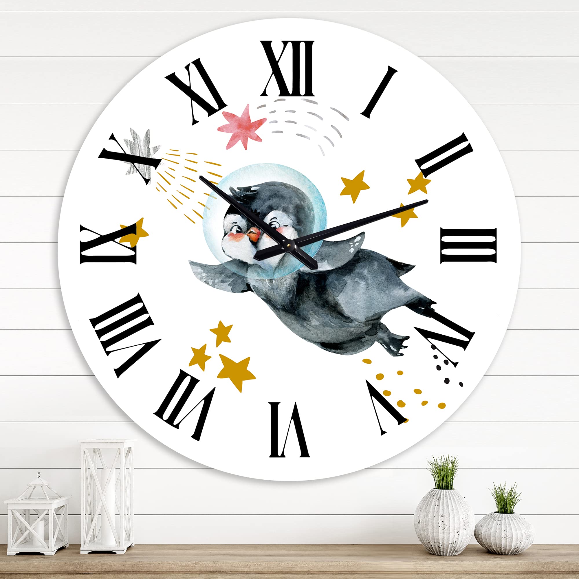 Farmhouse Wall Clock - Little Penguin Flying with Stars & Planets Design, Large Decorative Clock for Bedroom, Living Room, Kitchen & Office Decor