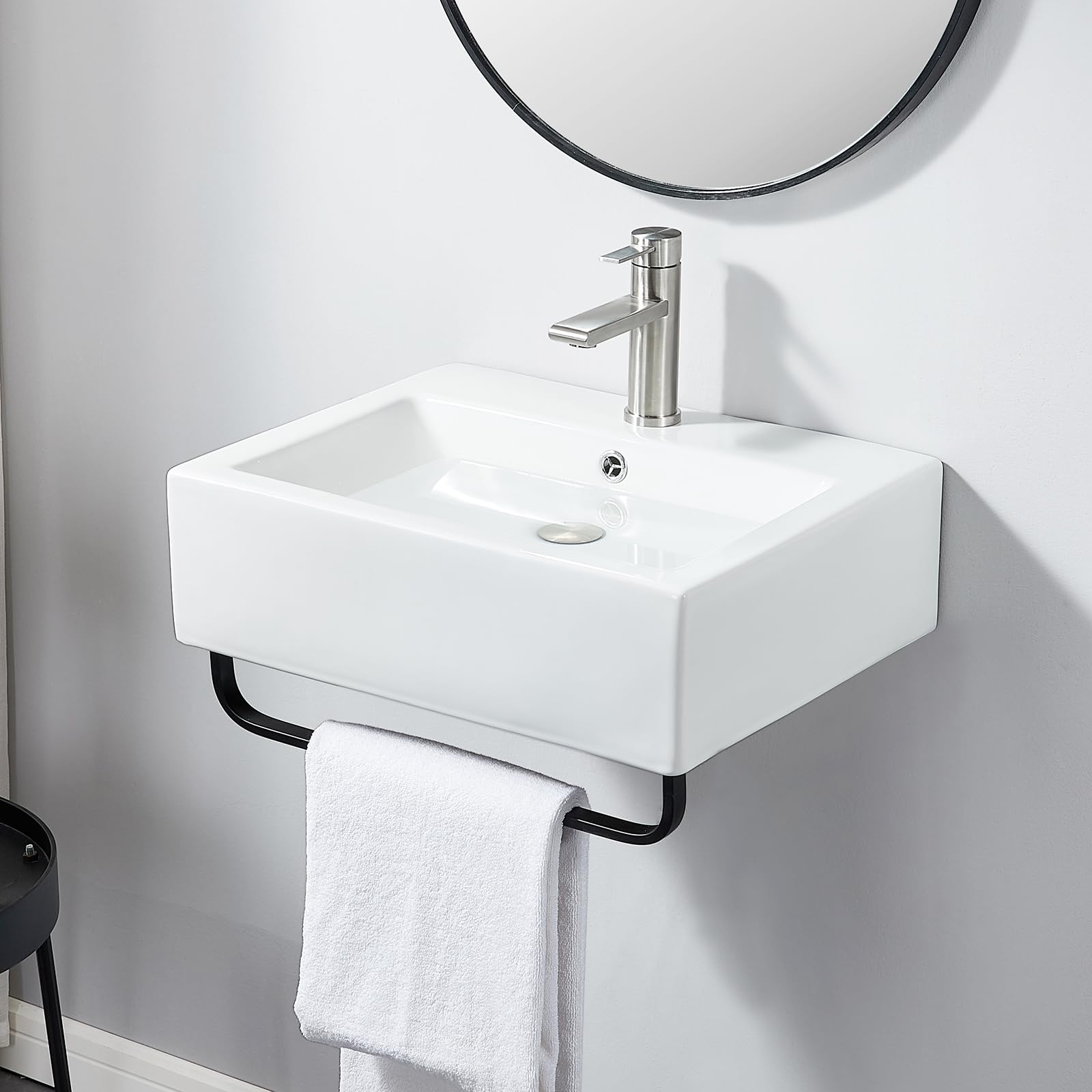 Modern 21x16 Inch White Porcelain Wall Mounted Bathroom Vessel Sink with Towel Rack - Rectangle Ceramic Lavatory Basin for Vanity, Countertop or Wall Hung Installation - Includes Faucet Hole & Overflow - Perfect for Contemporary Bathrooms, Powder Rooms & Guest Suites