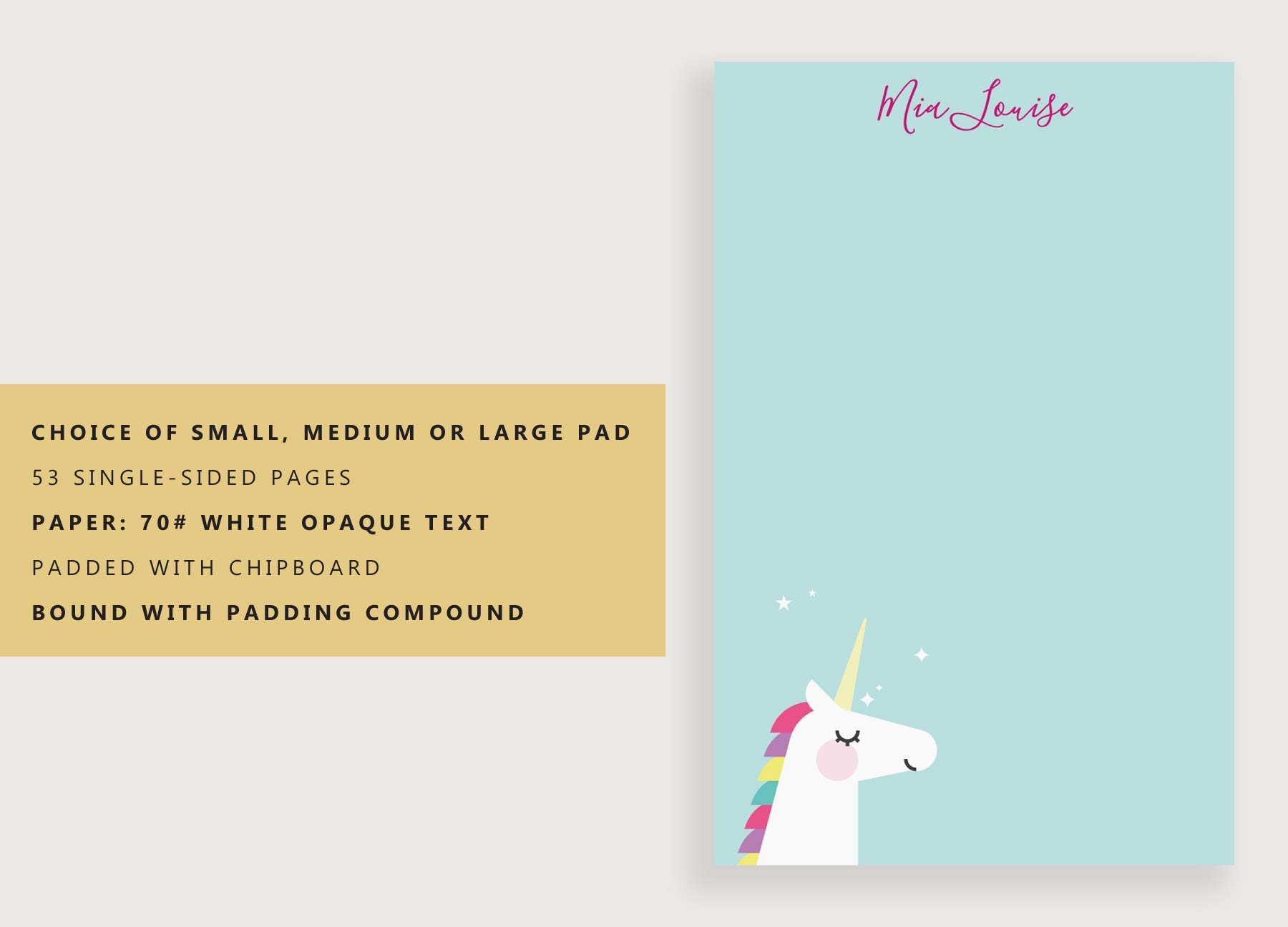 Personalized Kids Notepads - Unicorn Design for Girls, Lined or Unlined, 3 Sizes (Small, Medium, Large) - Perfect for School, Drawing & Gift Giving