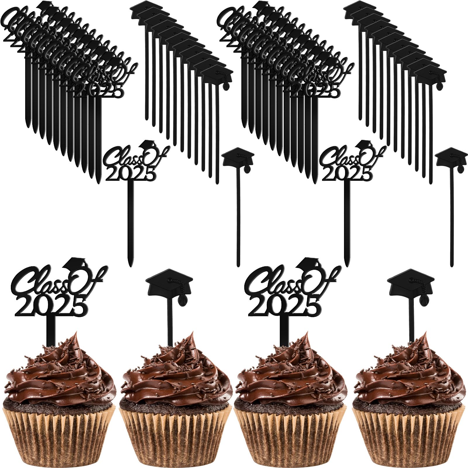 72-Piece Class of 2025 Graduation Cupcake Toppers - Black Cake Picks for Graduation Party Decorations, Table Centerpieces & Grad Favors - Perfect for Graduation Celebrations, School Parties & Dessert Table Displays
