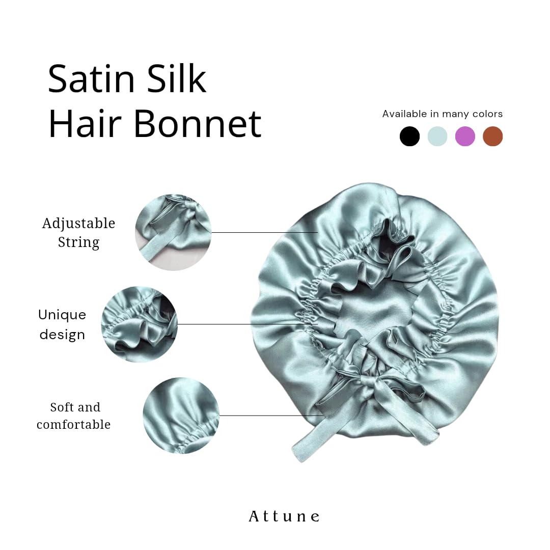 Attune Satin Silk Bonnet for Hair with 4 Premium Scrunchies - Adjustable Silk Sleeping Cap for Curly & Natural Hair - Breathable Satin Hair Bonnet with Drawstring (Sky Blue) - Perfect for Nighttime Hair Protection & Travel