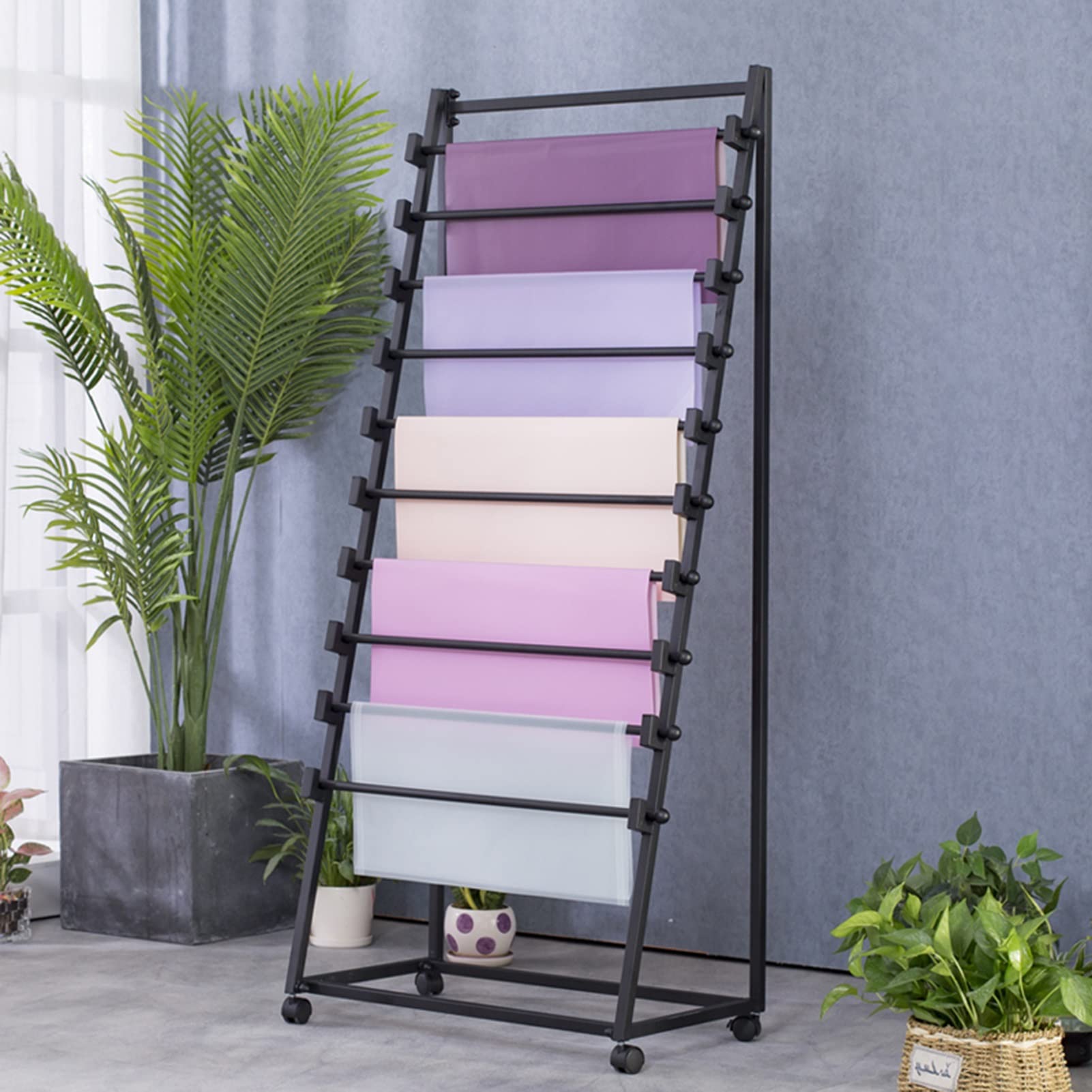10-Tier Metal Ribbon Storage Organizer Rack - Movable Scarf, Wrapping Paper & Fabric Holder with Removable Crossbar - Perfect for Florists, Gift Shops & Craft Rooms (Black) - Organize Ribbons, Shawls & DIY Supplies in Style