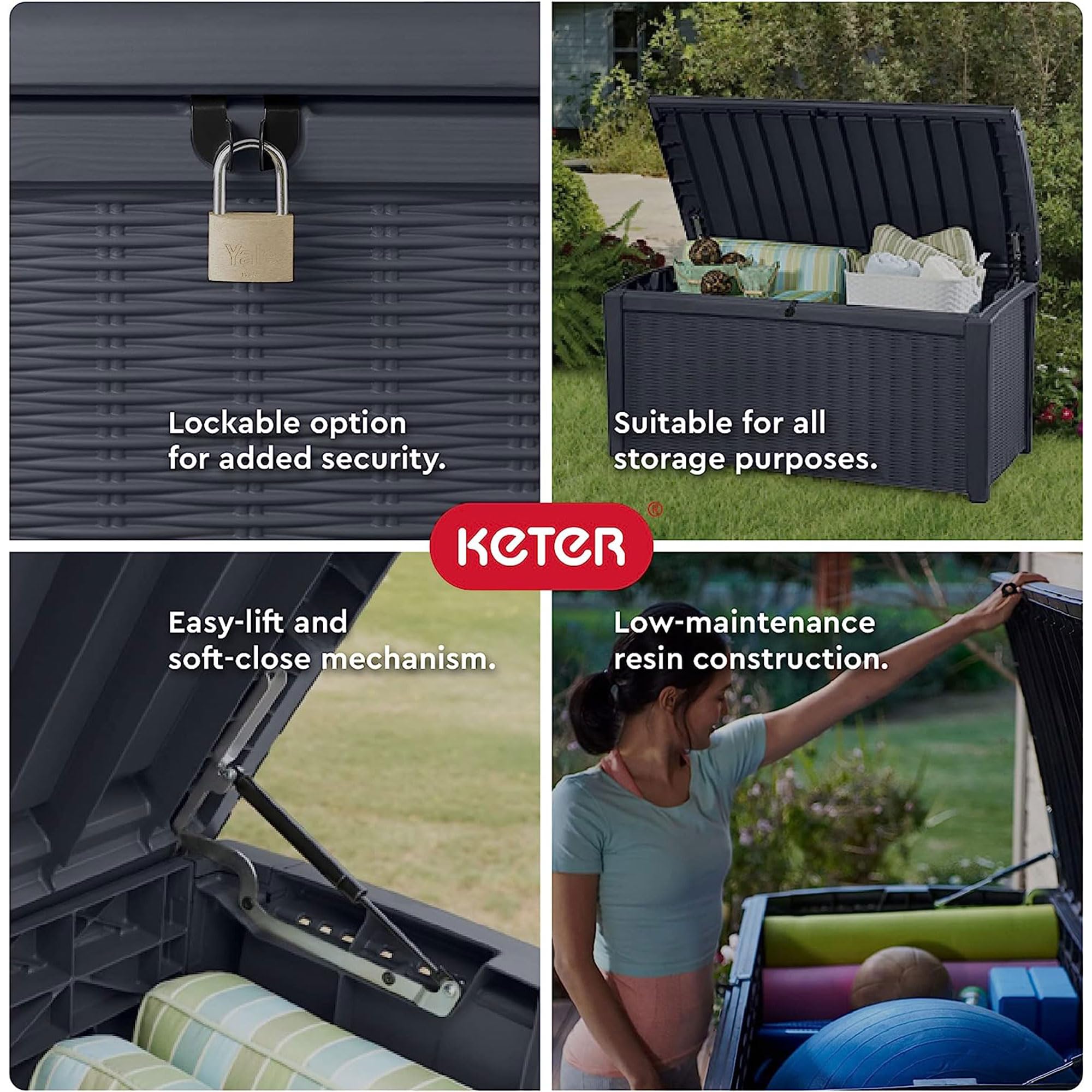 Keter 110 Gallon Outdoor Storage Deck Box - Waterproof Patio Bin for Garden, Pool & Backyard - Durable Grey Plastic Container (Borneo) - Perfect for Storing Cushions, Toys & Outdoor Gear