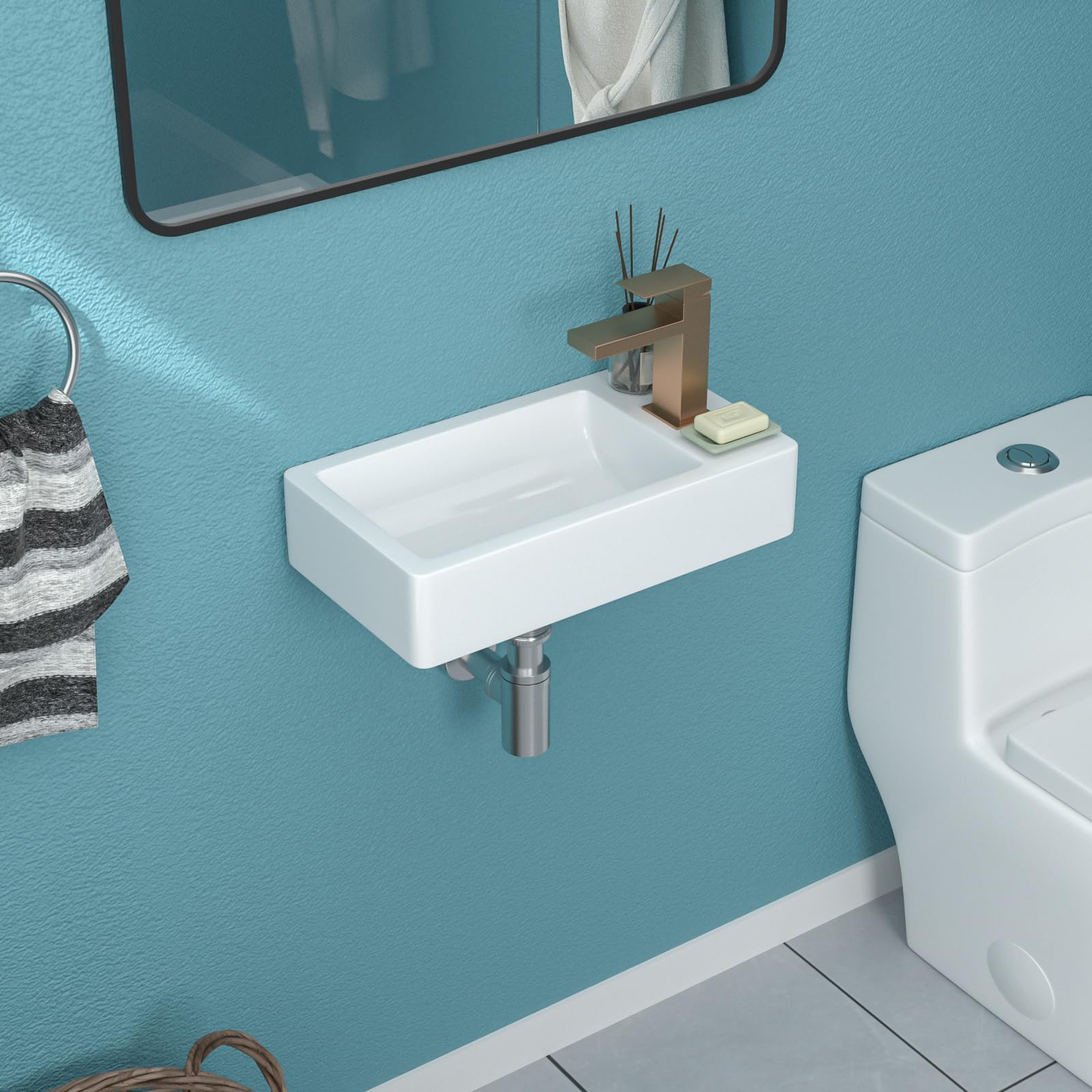 Funmier 18x10 Inch White Ceramic Wall Mount Floating Vessel Sink - Rectangle Bathroom Corner Sink with Right-Hand Drain - Perfect for Small Bathrooms, Powder Rooms & Modern Vanity Installations