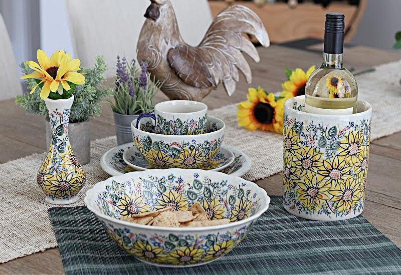 Handmade Blue Rose Polish Pottery Sunflower Maze Large Serving Bowl – Perfect for Entertaining, Dining, and Home Decor