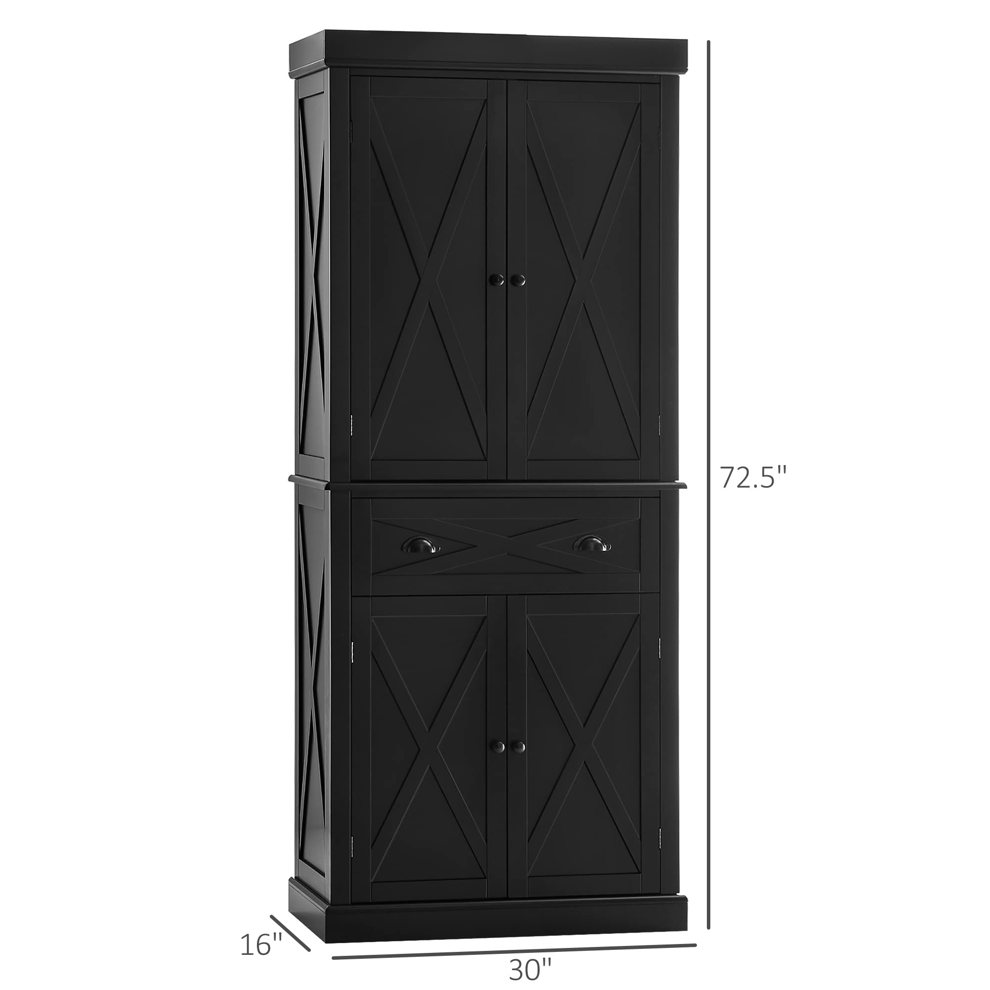 HOMCOM 72 Inch Freestanding Kitchen Pantry Cabinet with 4 Doors, 3 Adjustable Shelves & Large Drawer - Black X-Frame Storage Cupboard for Dining Room, Kitchen Organization & Home Decor