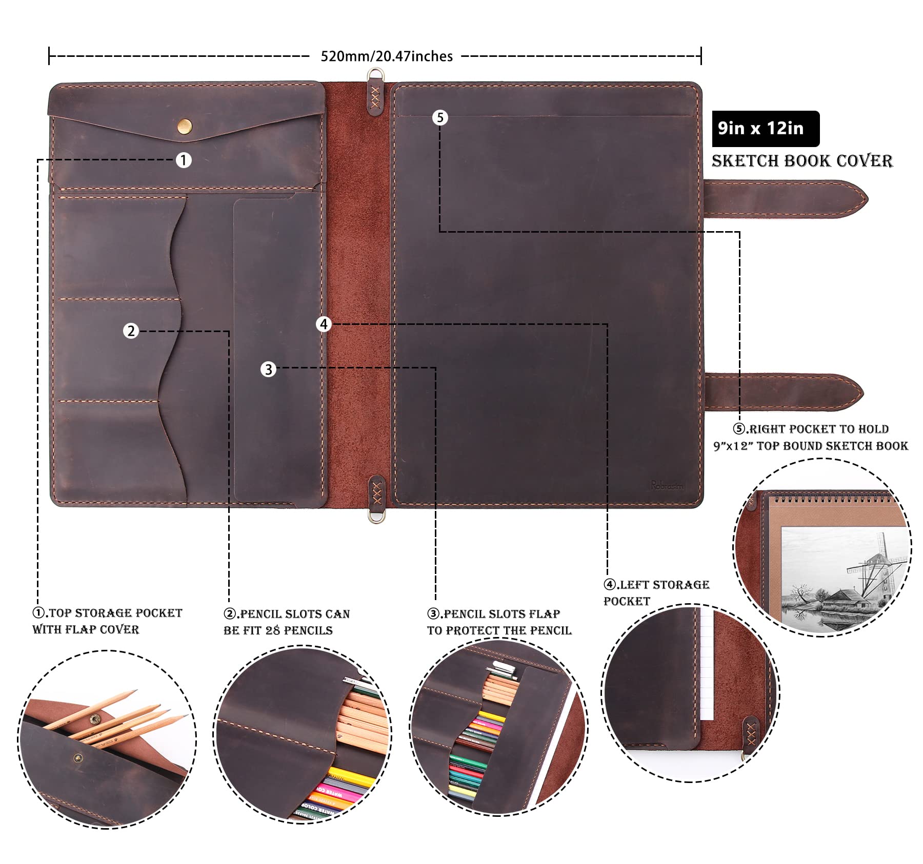 Robrasim Handmade Leather Sketchbook Cover - Premium Artist Sketch Pad Holder for 9