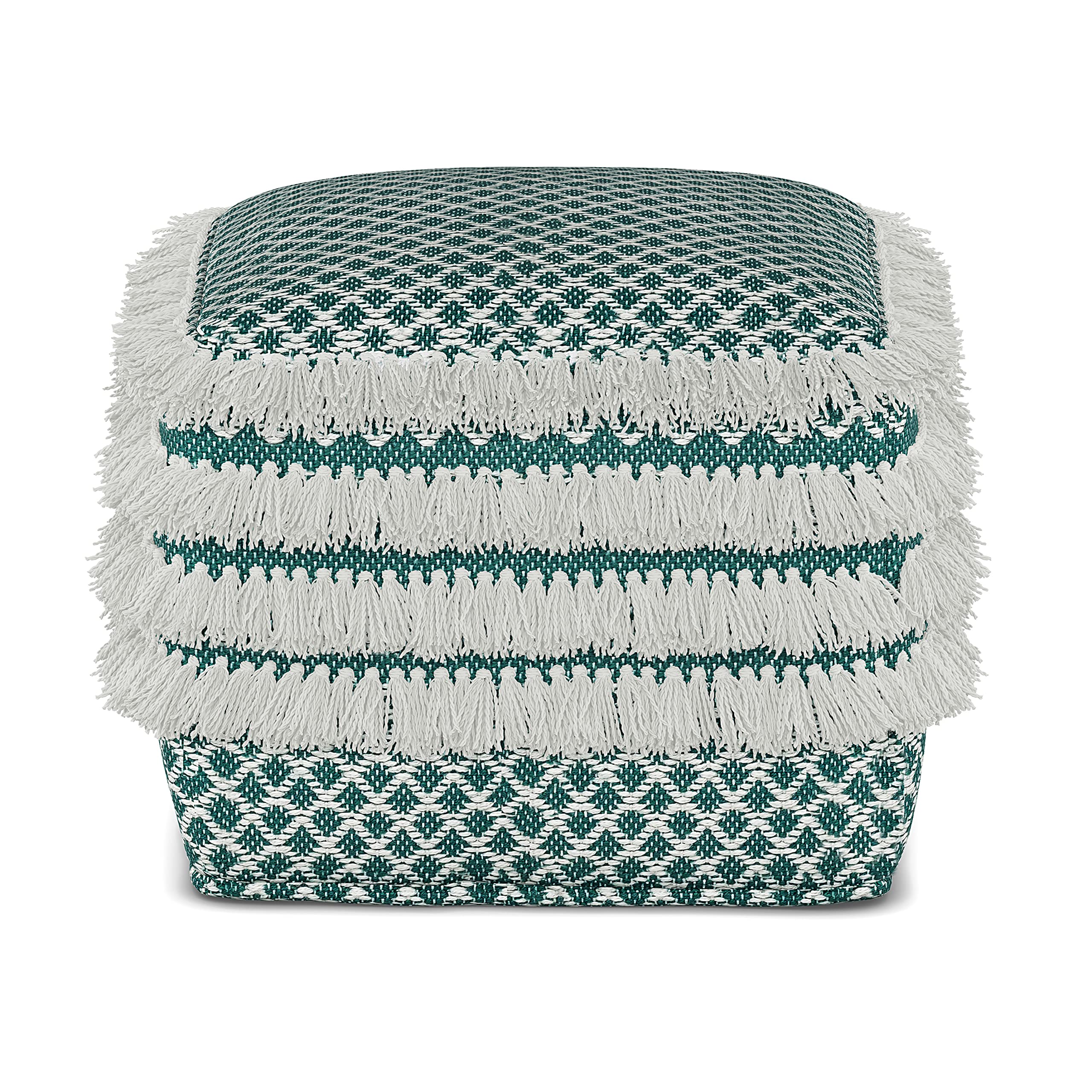 SIMPLIHOME Leah 18 Inch Boho Square Woven Pouf Ottoman - Indoor Outdoor Floor Cushion Seat in Turquoise & White, Eco-Friendly Recycled PET Polyester - Perfect for Living Room, Bedroom, Nursery & Patio Decor