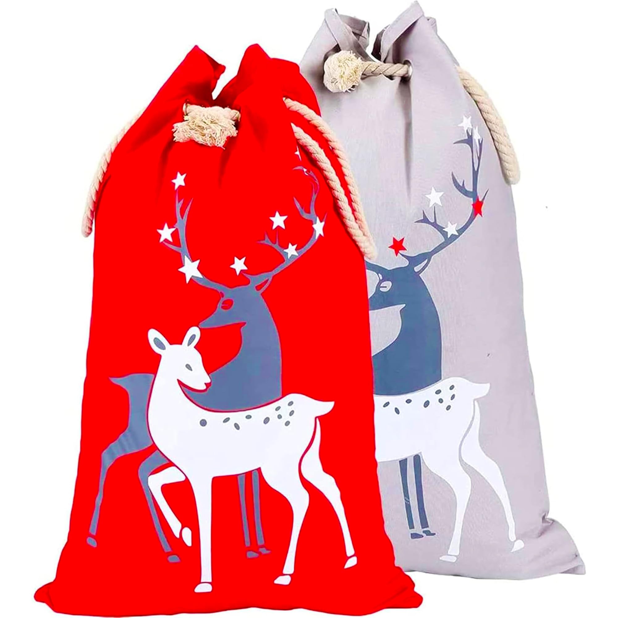 2 Pack Christmas Santa Sacks for Kids - Large 27.5x19.5 Inch Drawstring Gift Bags (Reindeer Red & Grey) - Holiday Stocking Stuffers, Xmas Decorations & Present Storage for Home, Parties & Festive Celebrations