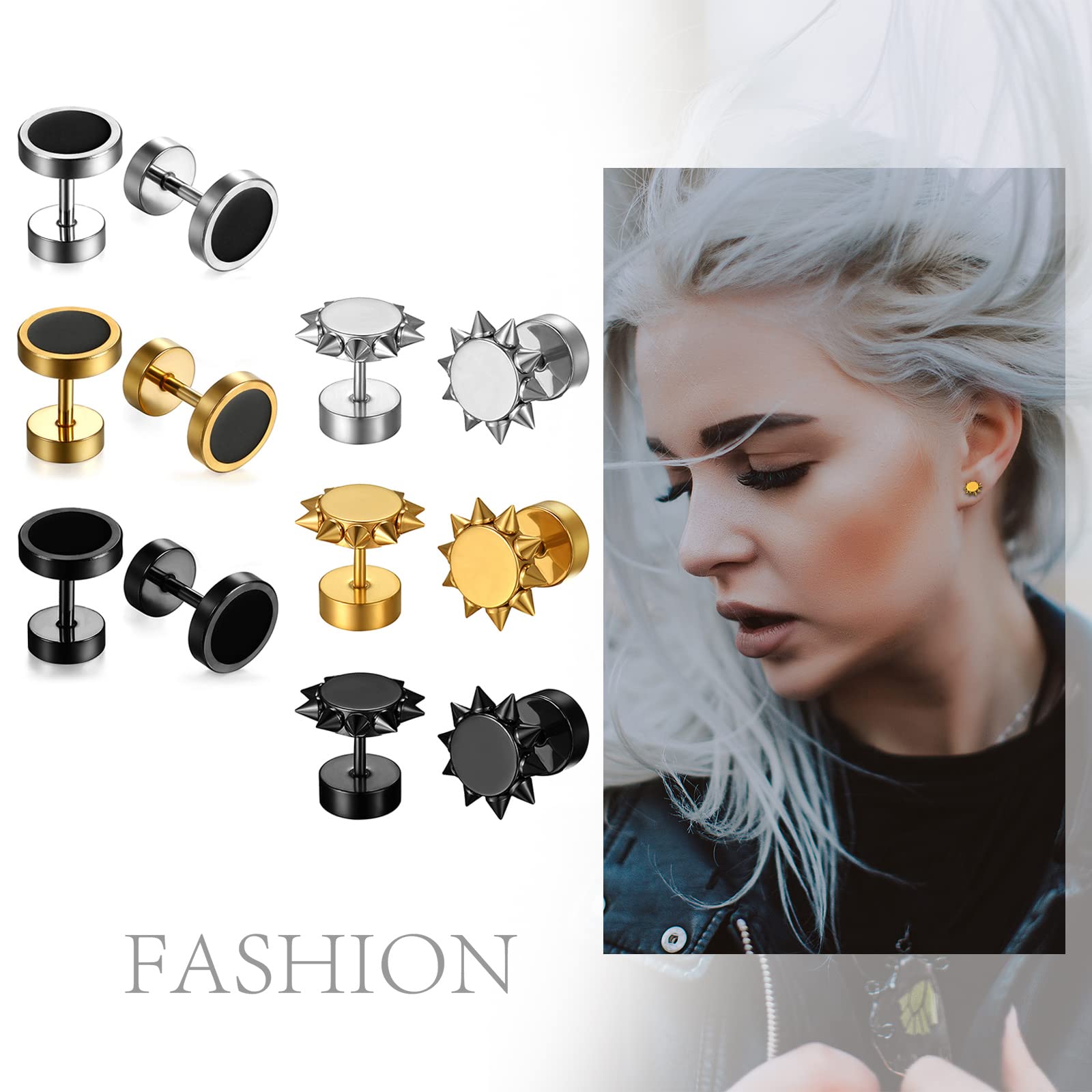 Aroncent 8MM Stainless Steel Fake Gauge Stud Earrings for Men & Women - Rose Gold Plated Fake Earrings for Daily Wear, Parties & Gifts