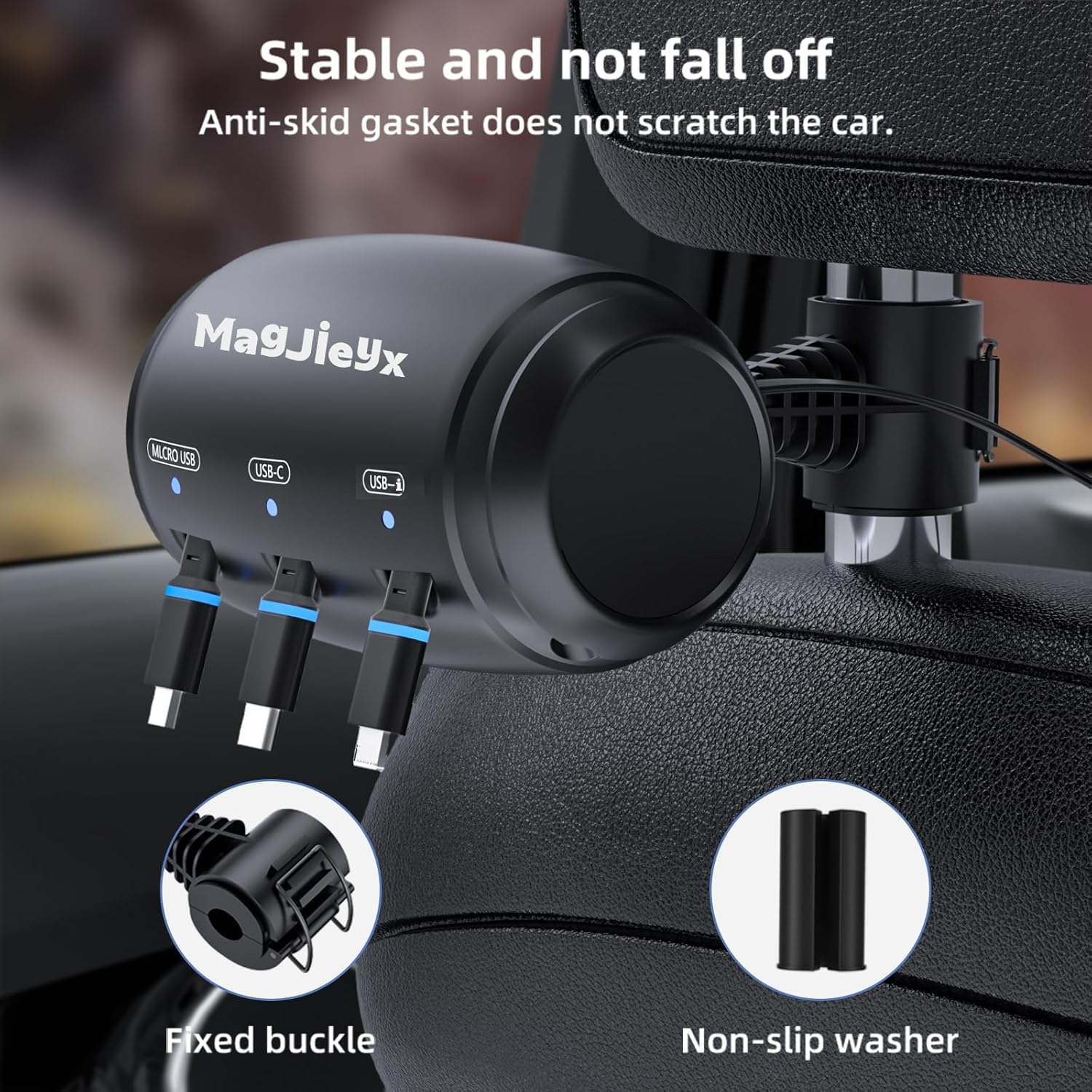 3-in-1 Retractable Car Charger for iPhone 16/15/14 Pro Max, iPad, Samsung Galaxy - Fast Charging USB-C & USB-A Ports with Headrest Mount - Perfect for Uber, Lyft Drivers & Backseat Passengers Sharing Rides